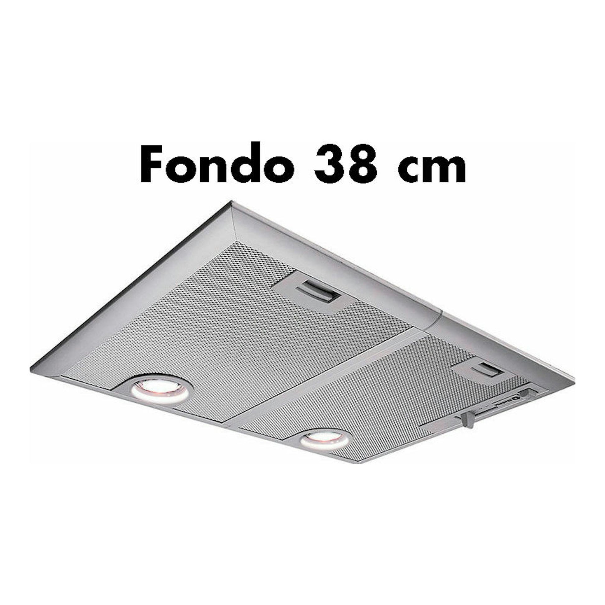 Balay 3BF266NX, grupo filtrante inox visto en ángulo inferior con dos luces y texto “Fondo 38 cm”.
