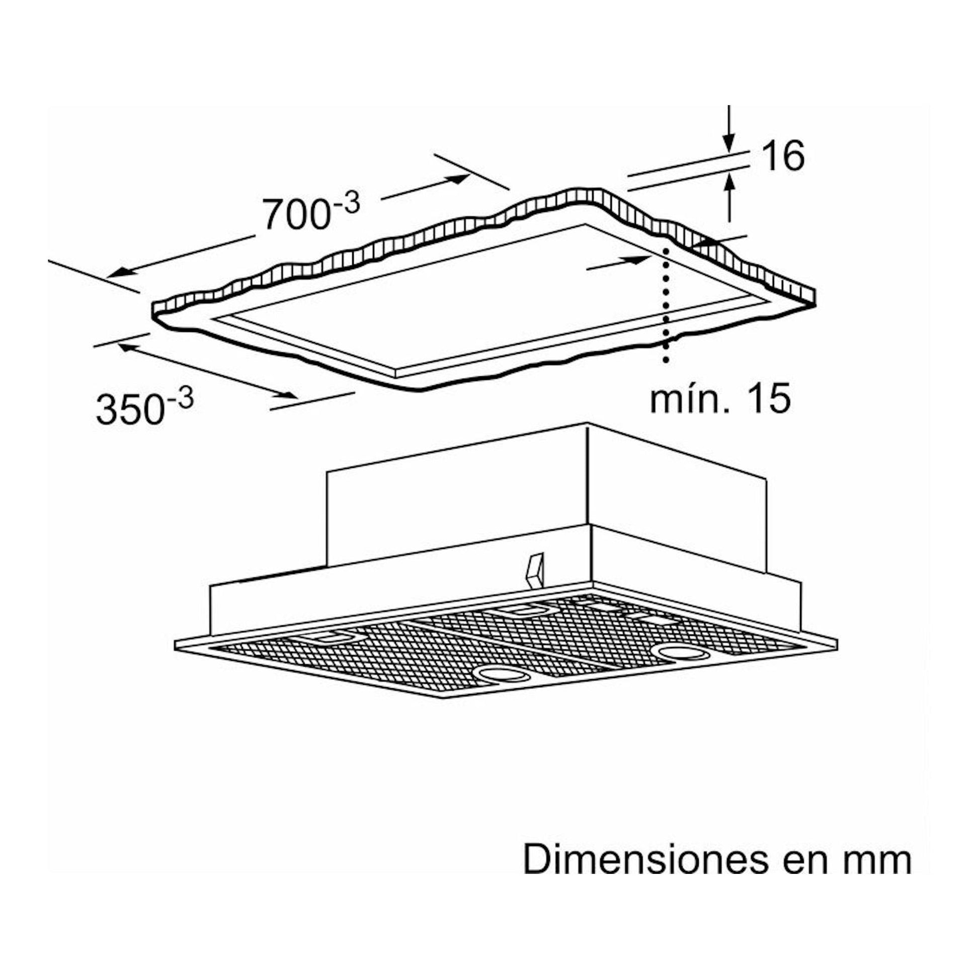 Grupo filtrante Balay 3BF276NG inox, esquema técnico con vista inferior y medidas en mm.