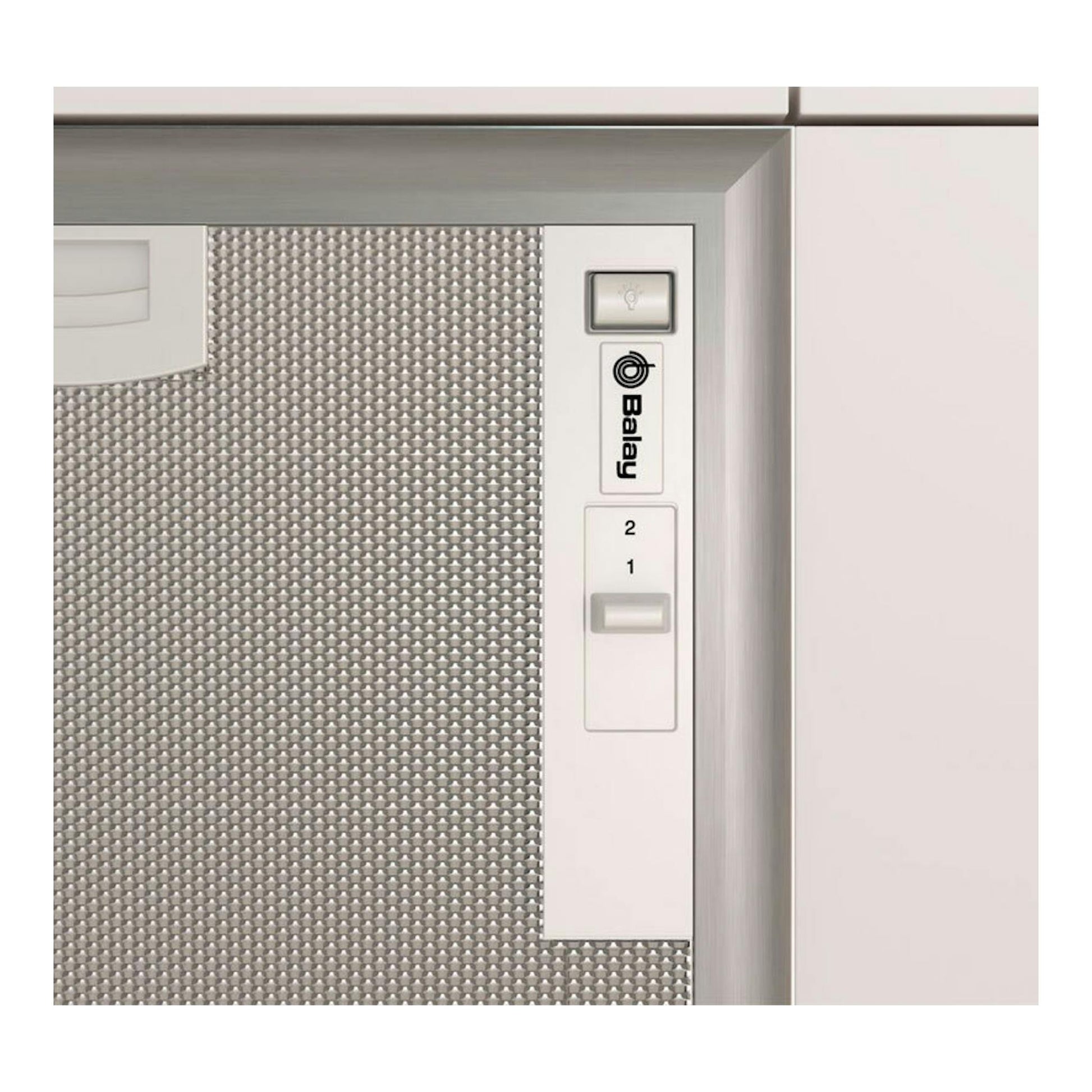 Grupo filtrante Balay 3BF276NG inox, vista frontal parcial, con rejilla metálica y panel de control.