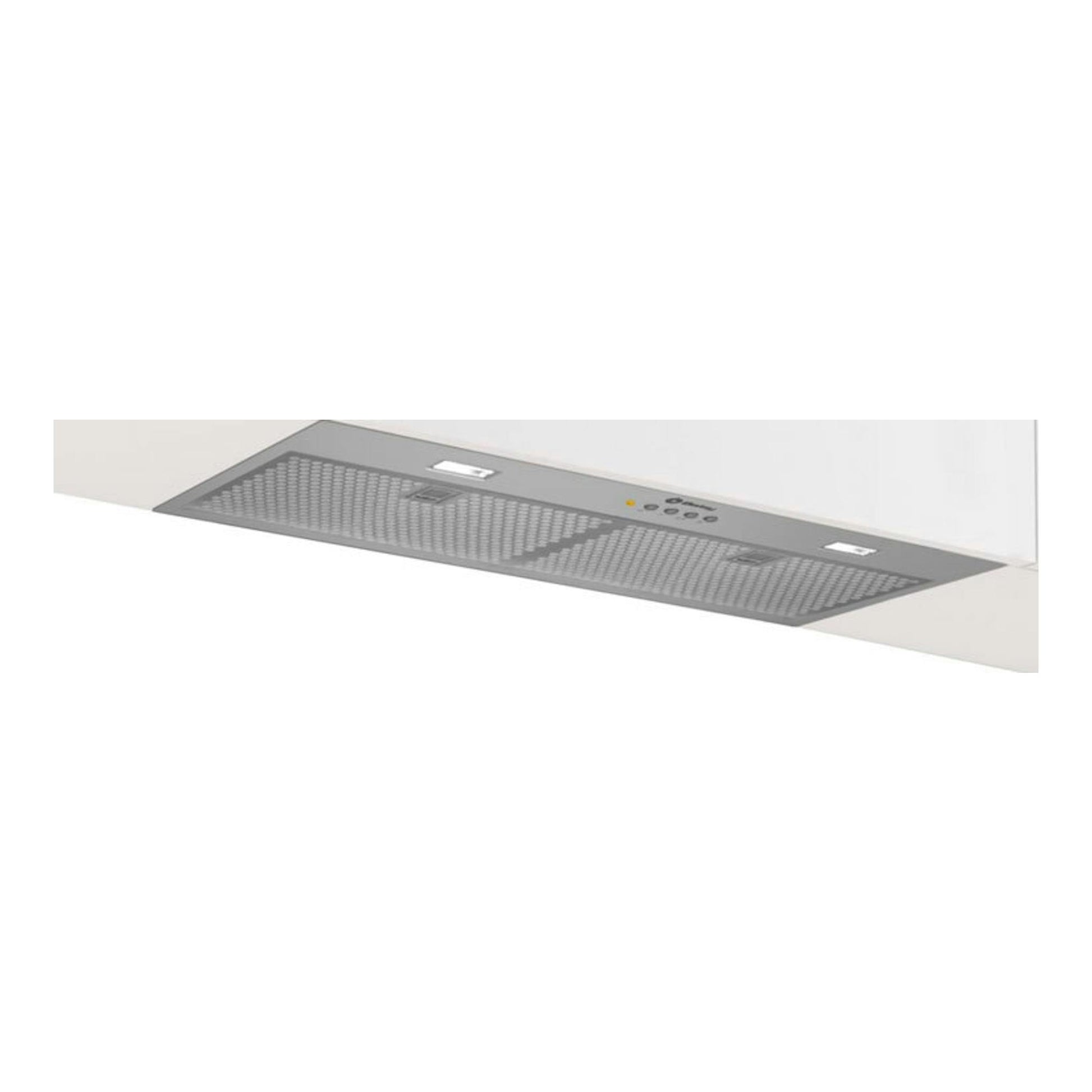 Grupo filtrante Balay 3BF377EX inox, vista inferior inclinada, integrado en mueble blanco.