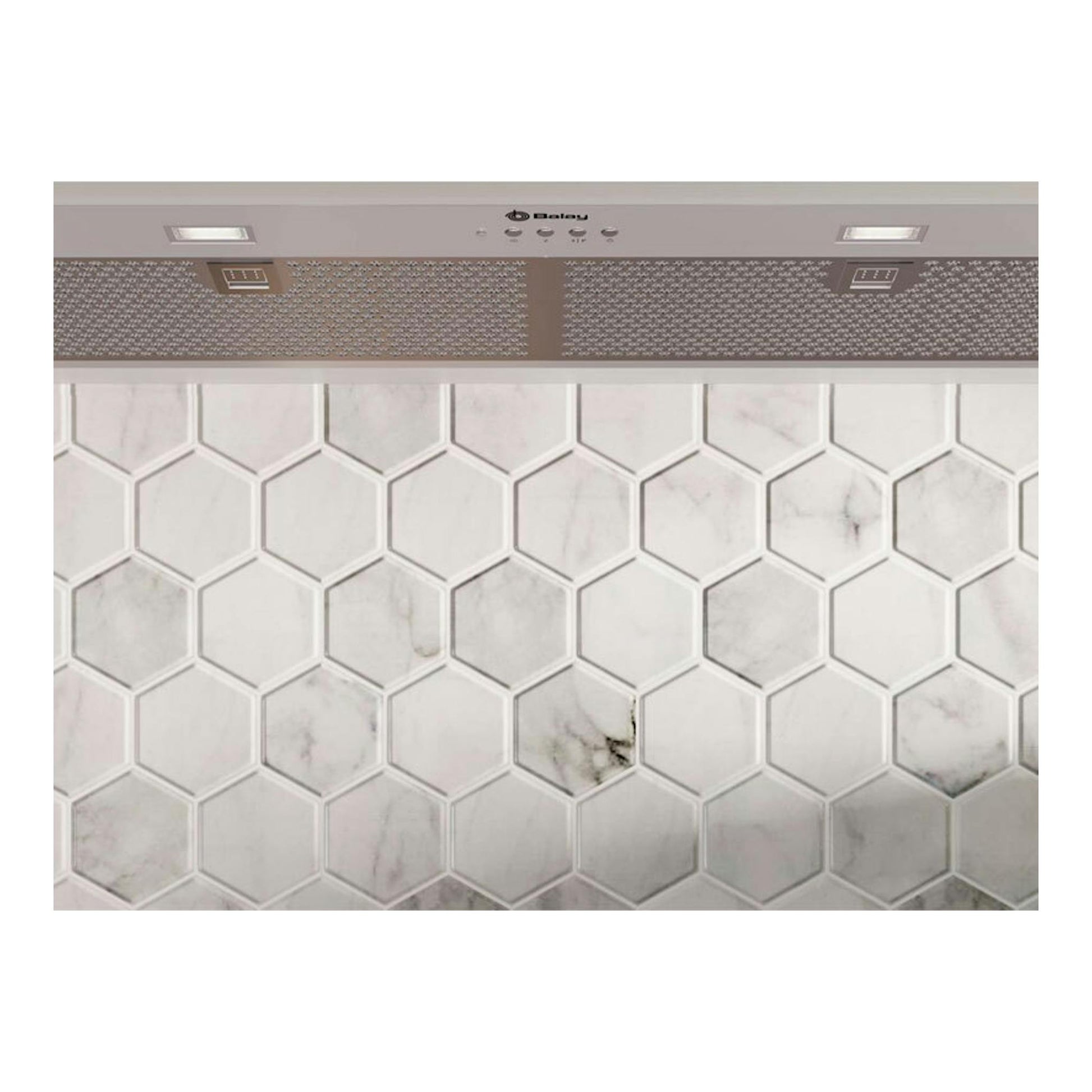Grupo filtrante Balay 3BF387EX inox, vista frontal, con dos luces y panel de mandos sobre azulejos hexagonales.