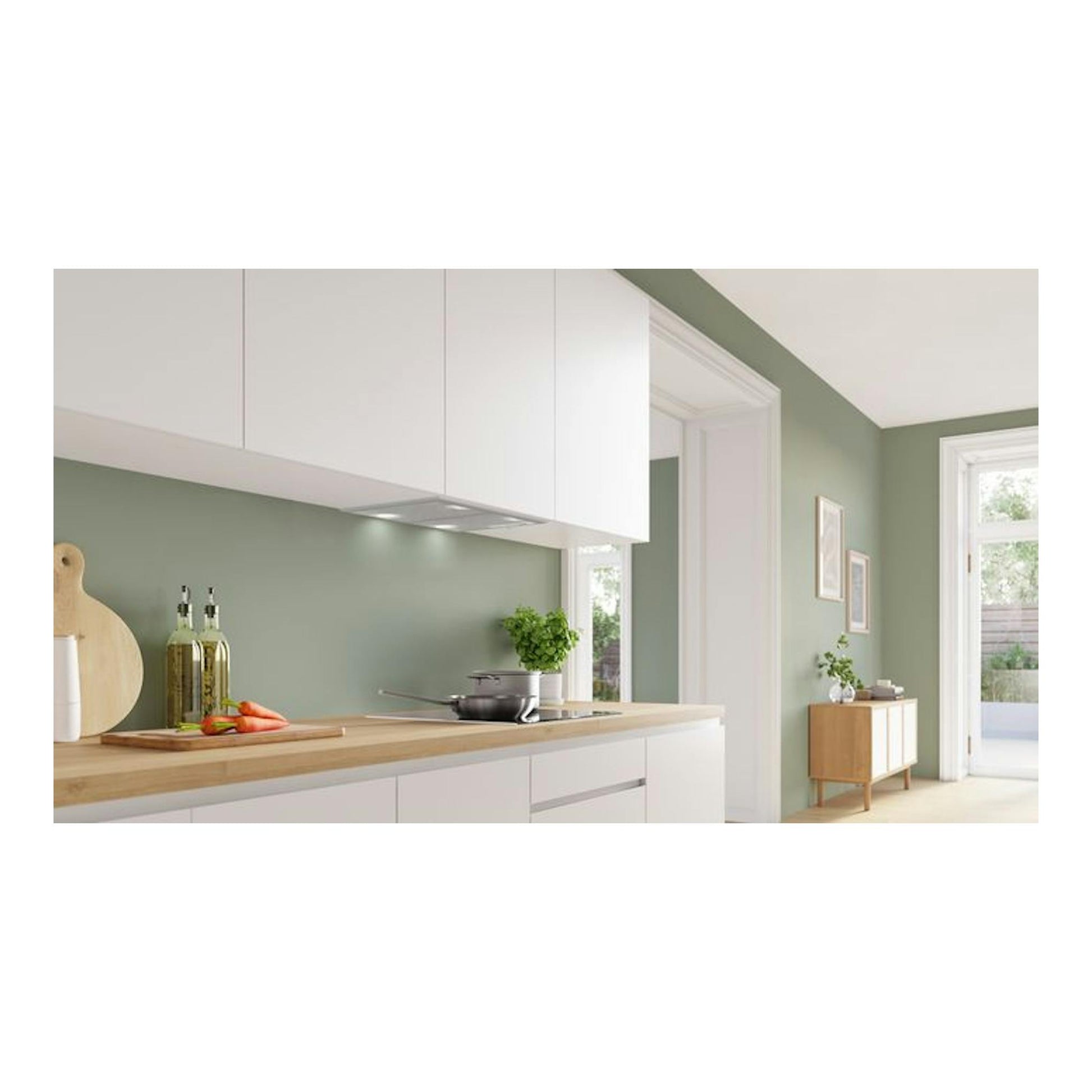 Grupo filtrante Bosch DHL555BM gris integrado bajo mueble blanco, vista frontal en cocina