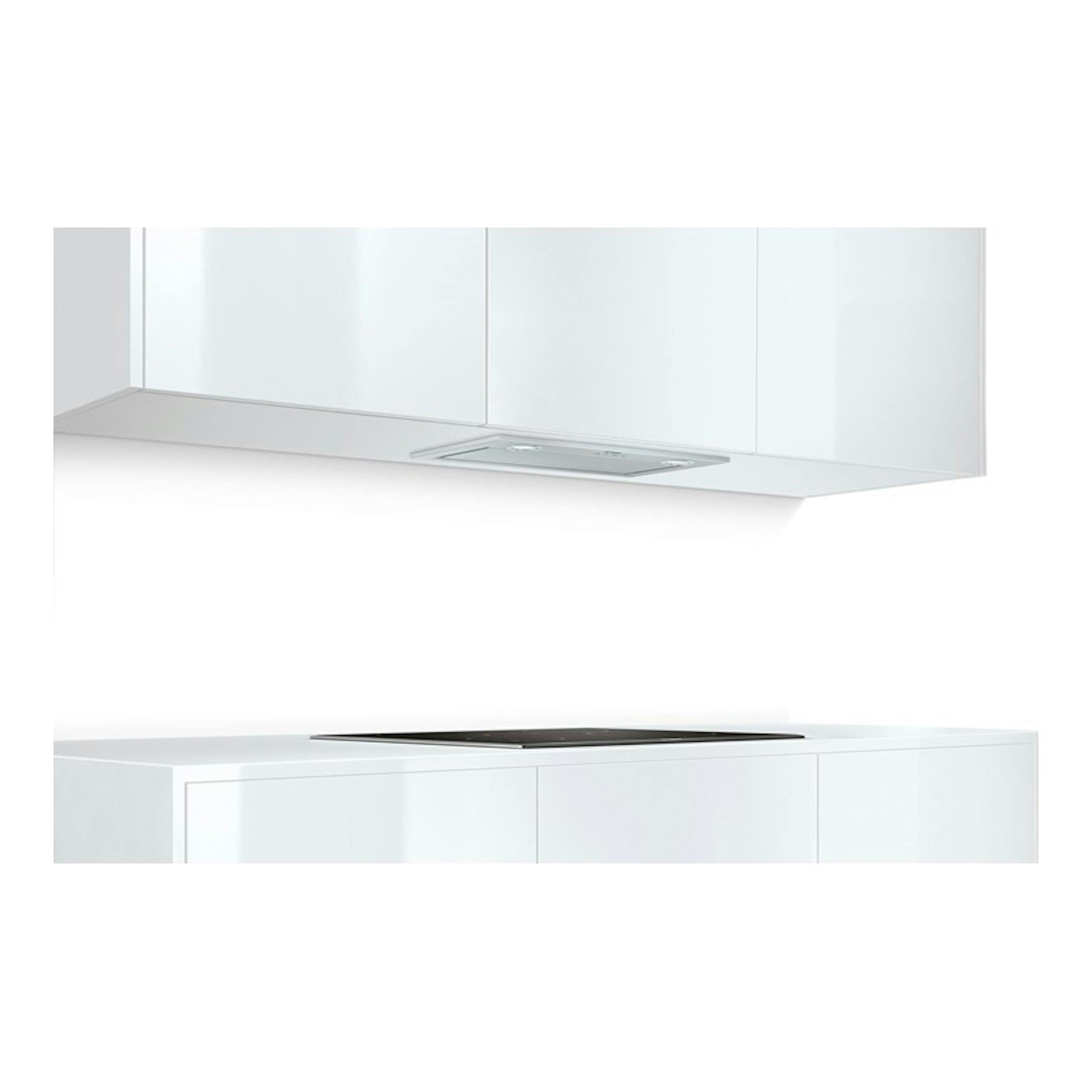 Grupo filtrante Bosch DHL585B de acero inoxidable, visto bajo mueble y sobre encimera blanca.