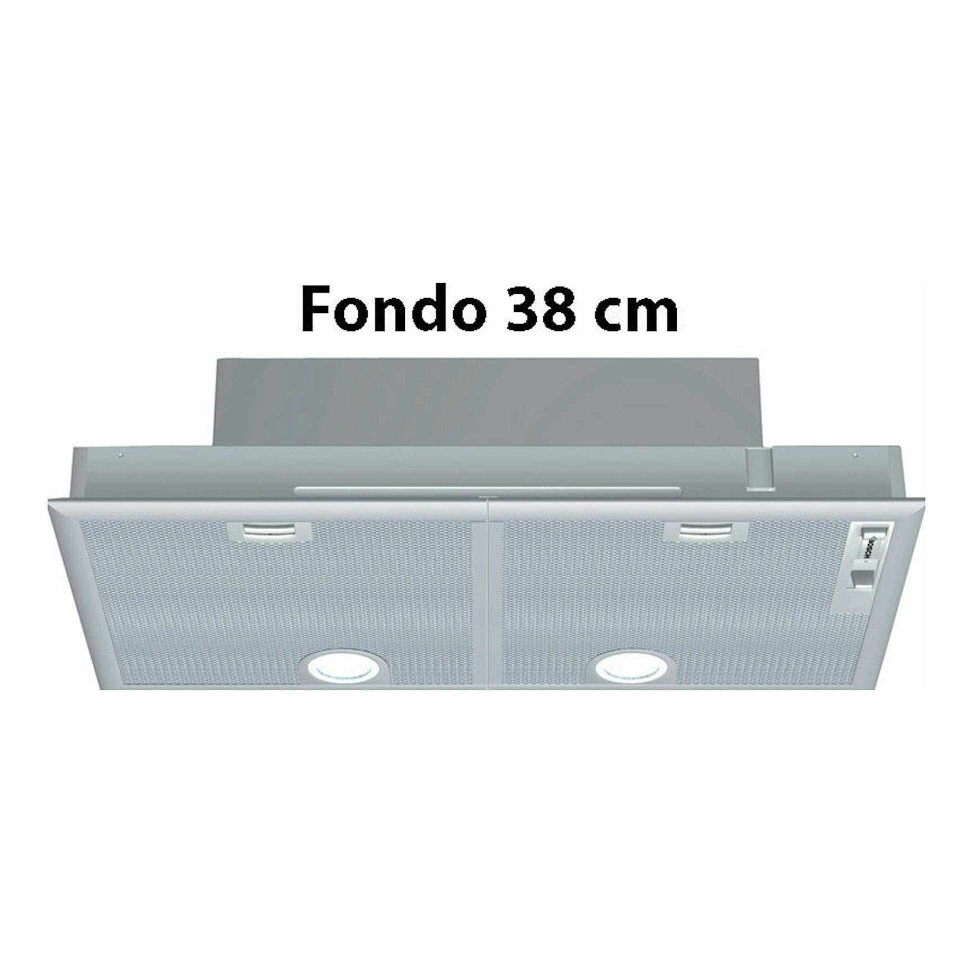 Bosch DHL755BL gris, grupo filtrante visto desde abajo, con dos luces y fondo 38 cm.
