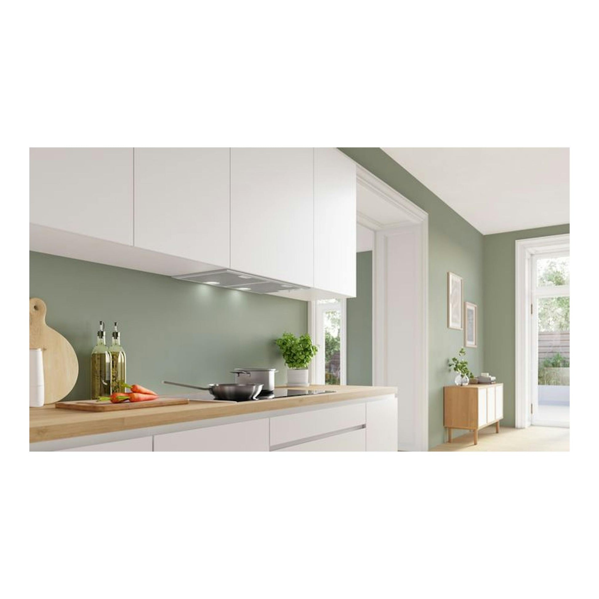 Grupo filtrante Bosch DHL755BM, plateado, vista frontal bajo mueble.