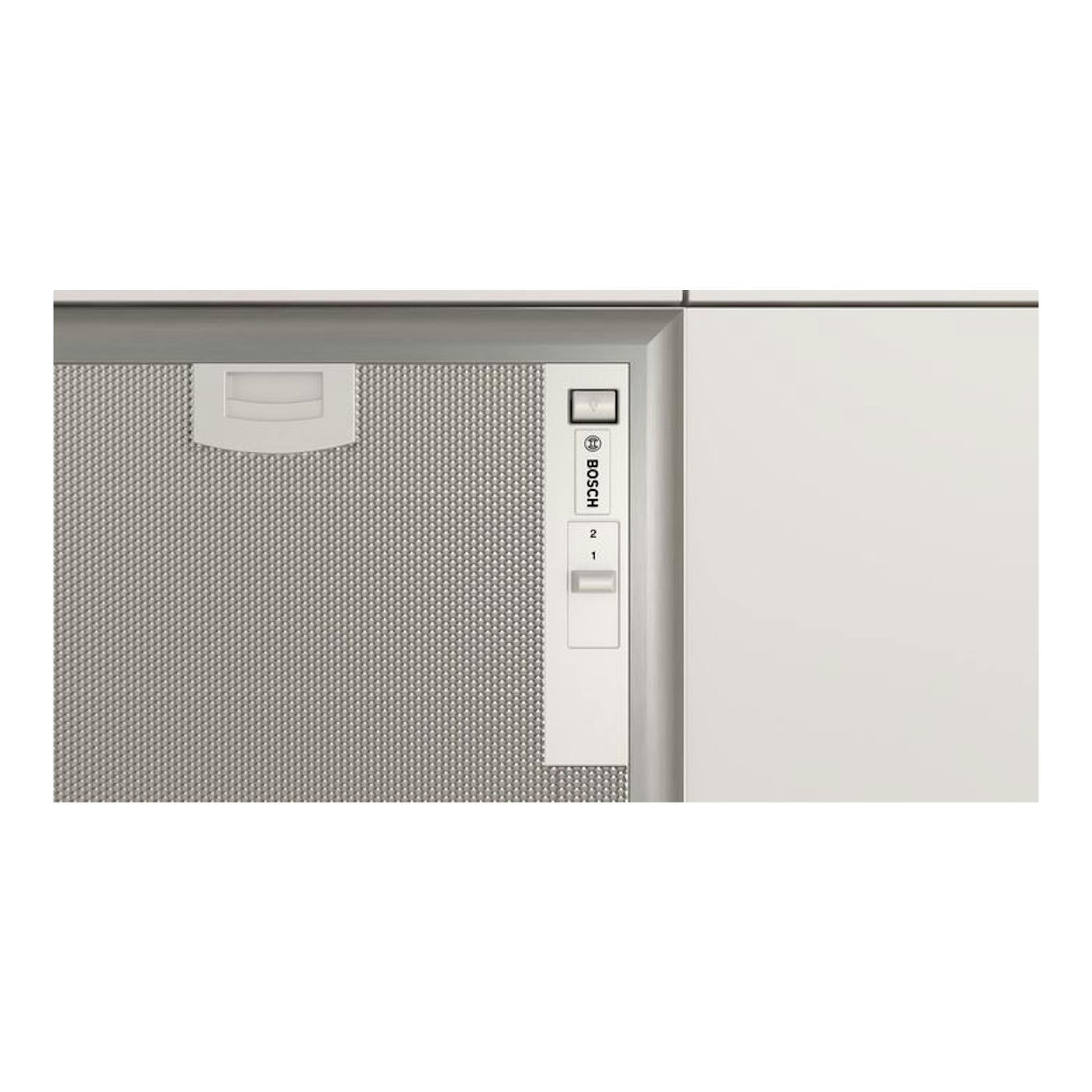 Grupo filtrante Bosch DHL755BM plateado, vista frontal integrada con panel de mandos a la derecha.