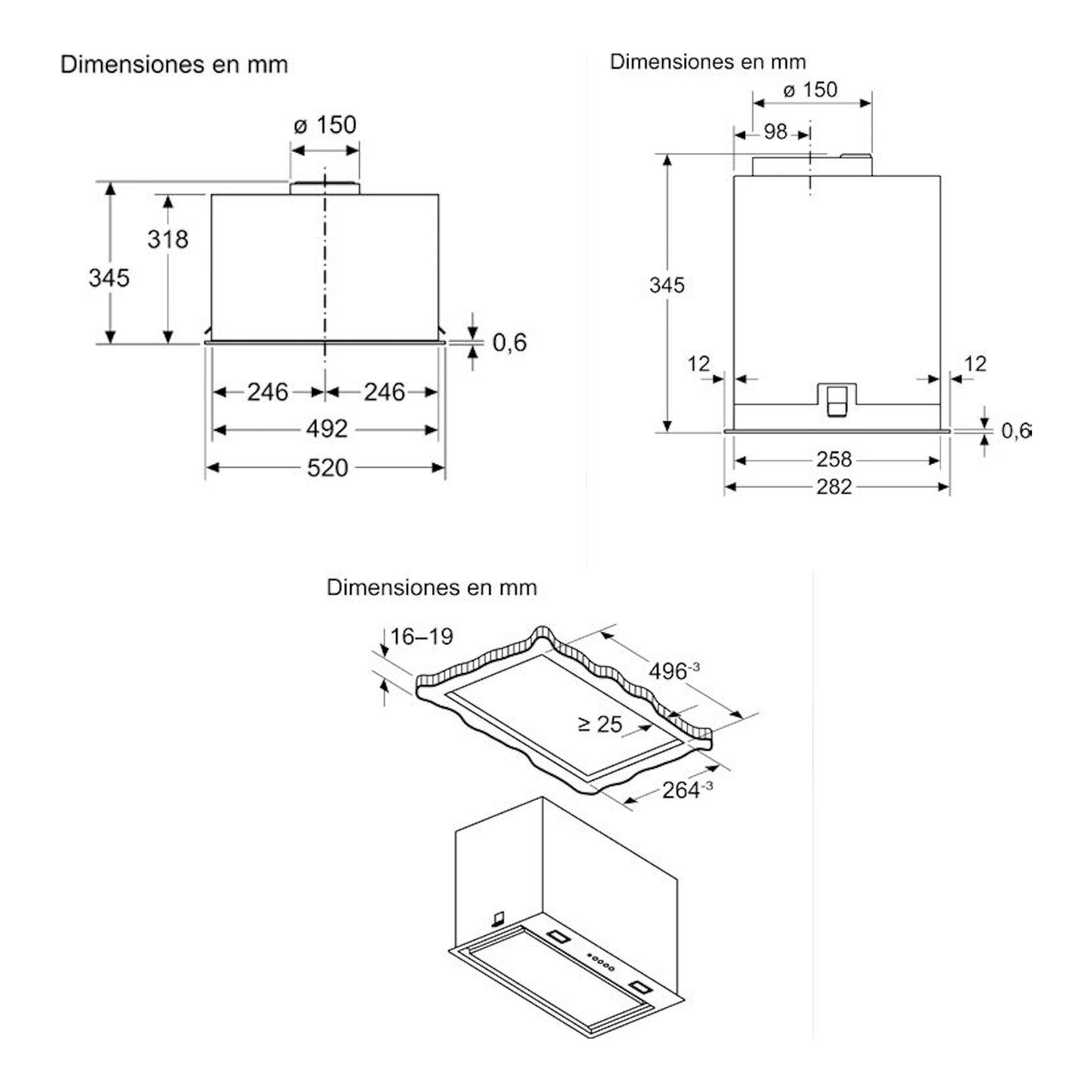 Bosch DLN56AC50 inox: esquema técnico con vistas frontal, lateral e inferior y medidas en mm.