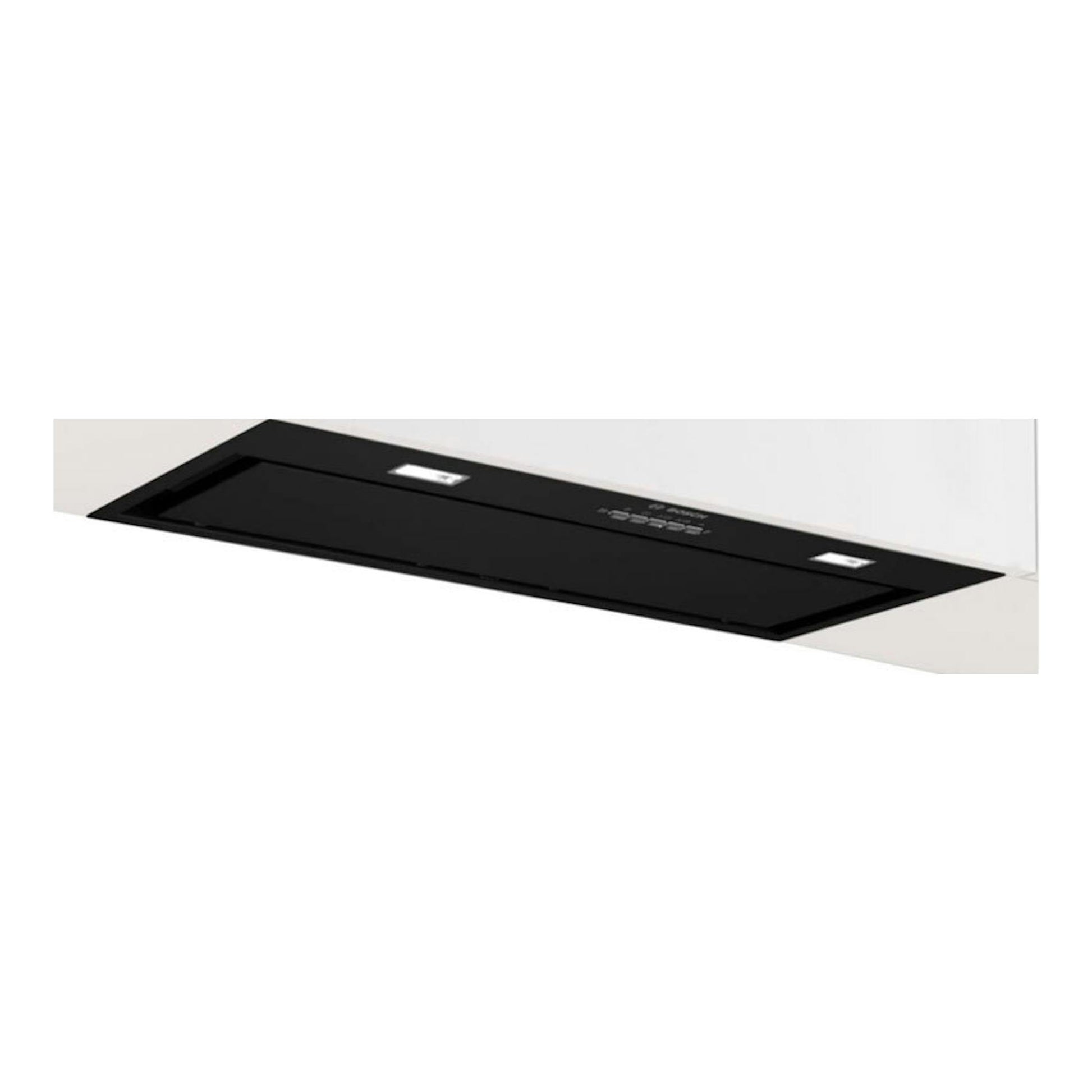 Grupo filtrante Bosch DLN78PC60 negro, vista frontal inclinada, empotrado en mueble blanco, 70 cm.