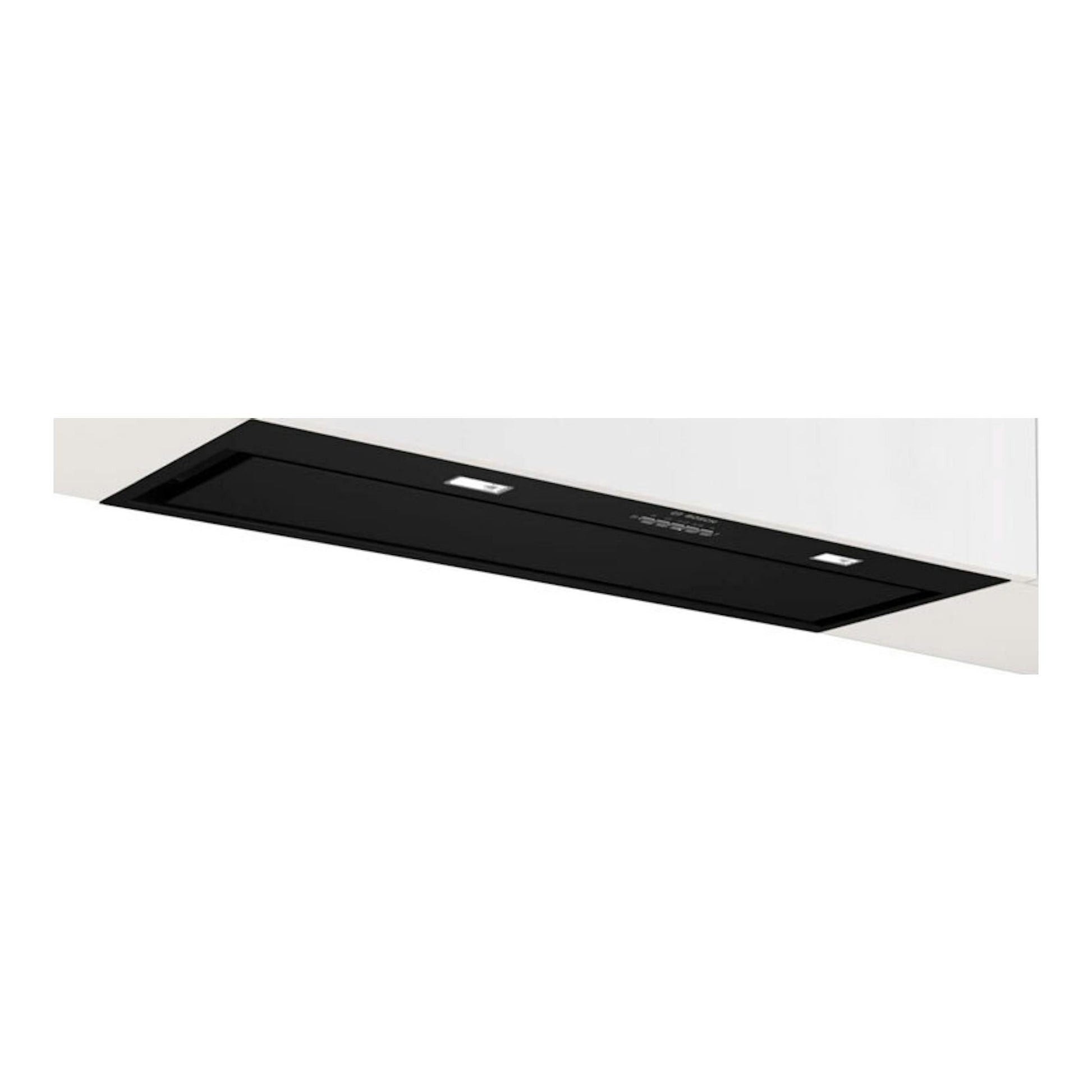 Grupo filtrante Bosch DLN88PC60 negro, vista frontal inclinada, integrado en mueble blanco.