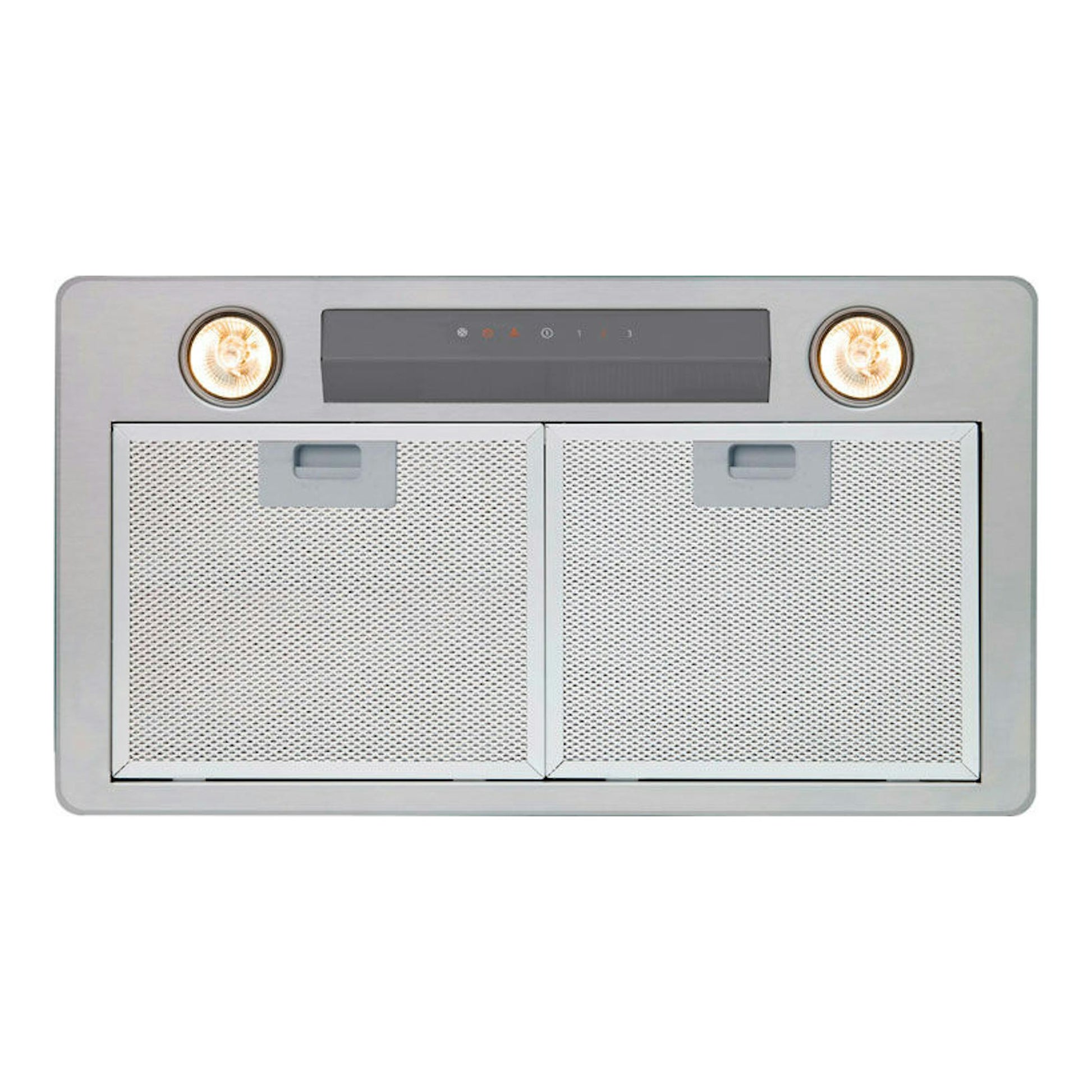 Grupo filtrante Cata GL 45 X inox, vista frontal, acero inoxidable, con dos luces y dos filtros metálicos.