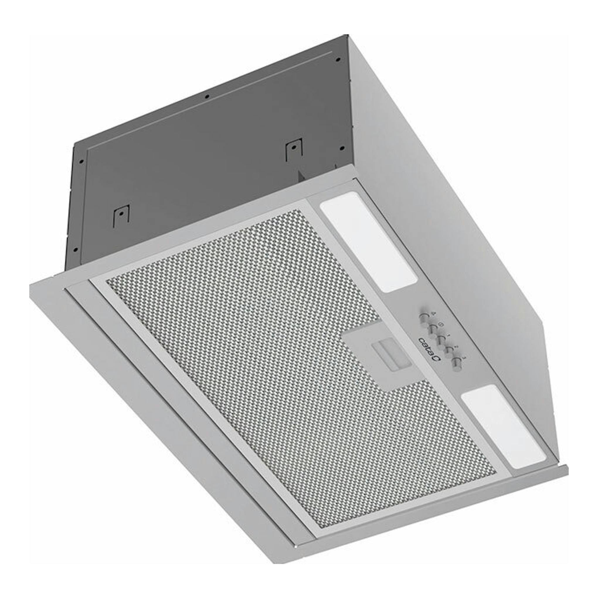 Grupo filtrante Cata RITMA 45 cm inox, vista inferior en ángulo, acabado plateado.