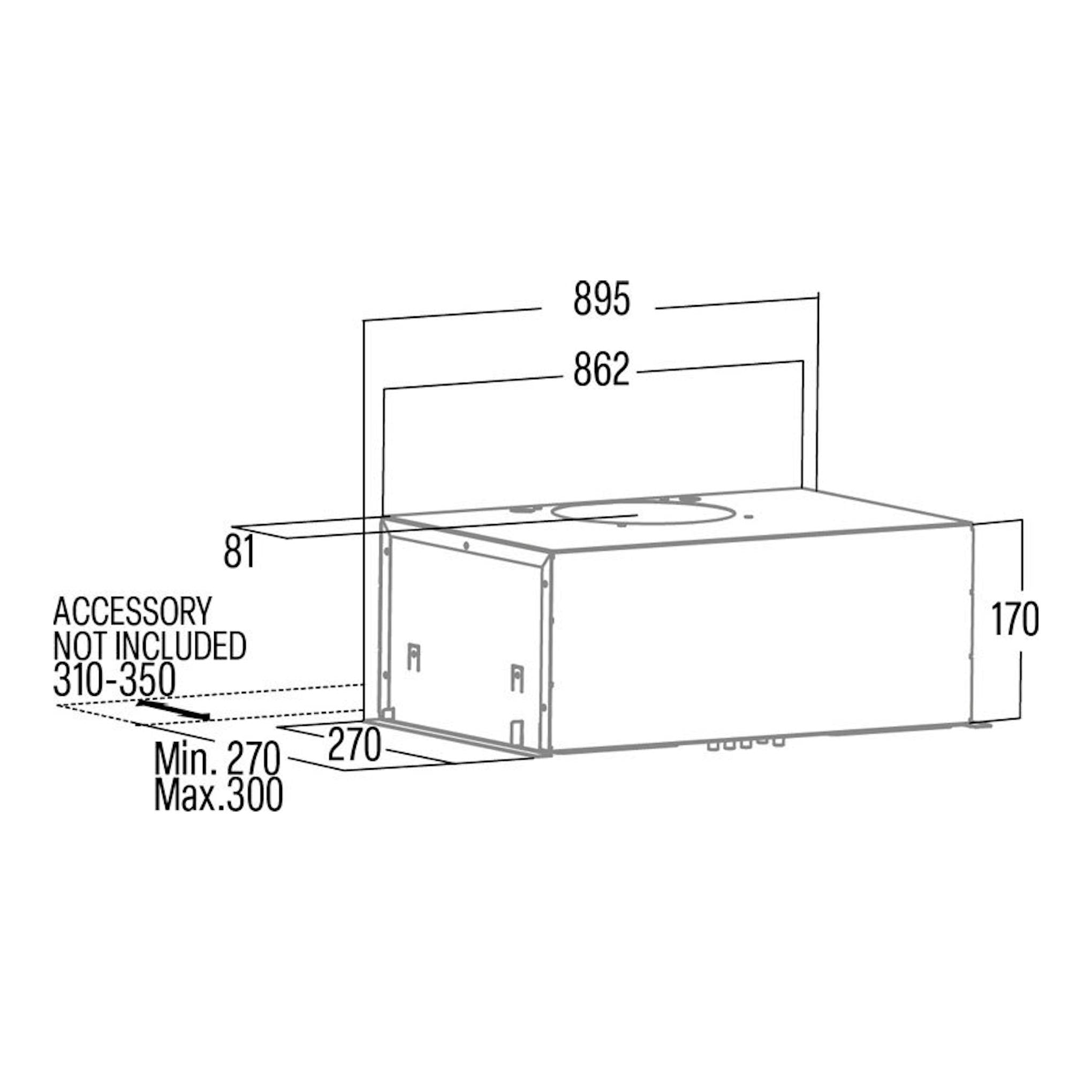 Dibujo técnico del grupo filtrante Cata RITMA 90 cm inox, vista en perspectiva con medidas y cotas.
