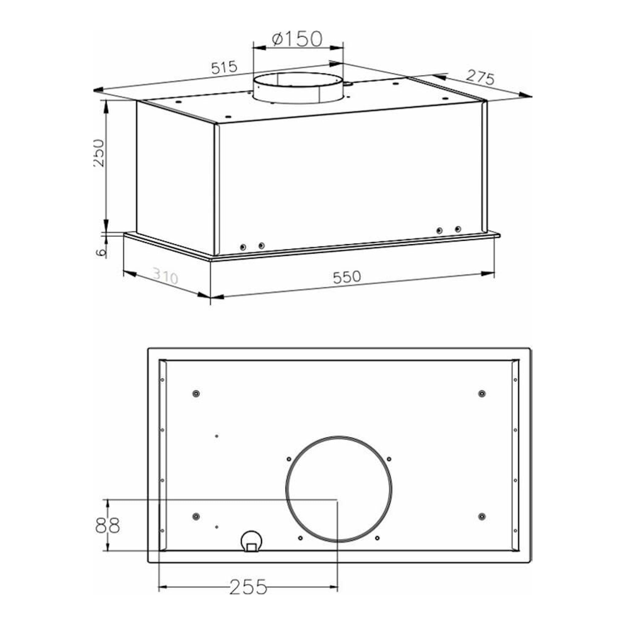 Fagor 3AF3-550N: dibujo técnico de grupo filtrante negro, con vista frontal, superior e isométrica y medidas.