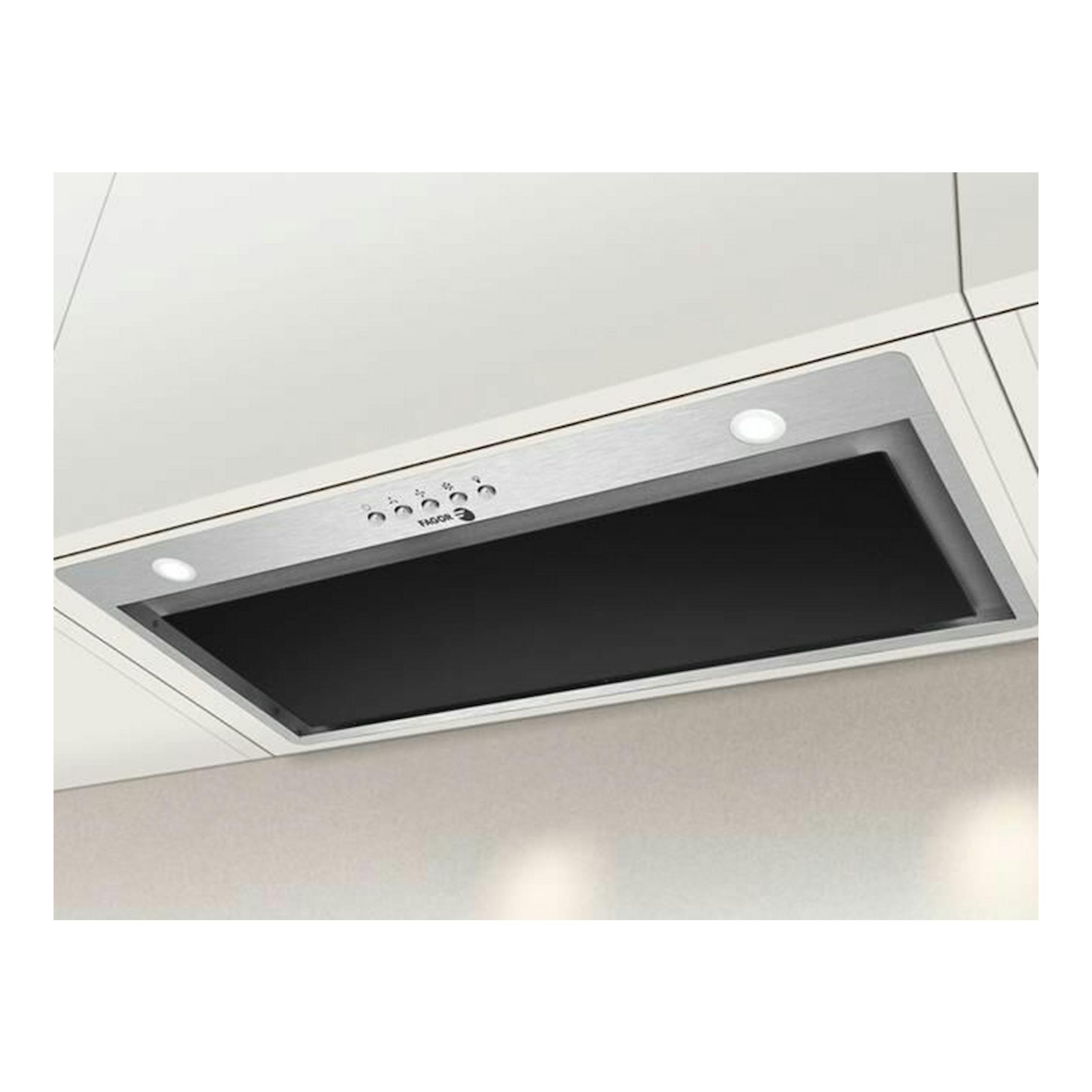 Grupo filtrante Fagor 3AF3-6120X inox, vista inferior en techo con panel negro y dos luces.