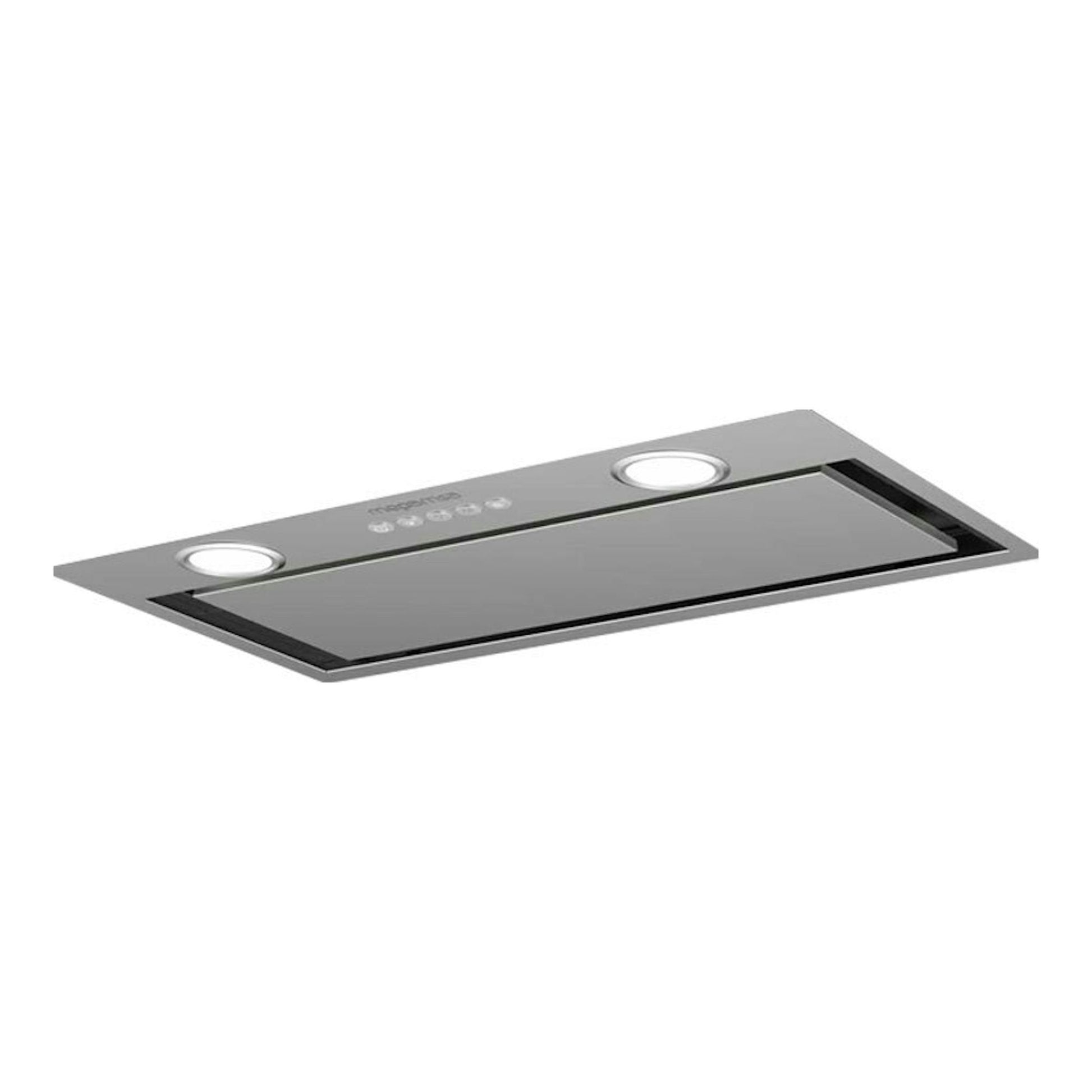 Grupo filtrante Mepamsa Irun 52 inox, vista inferior inclinada, en acero inoxidable con dos luces.