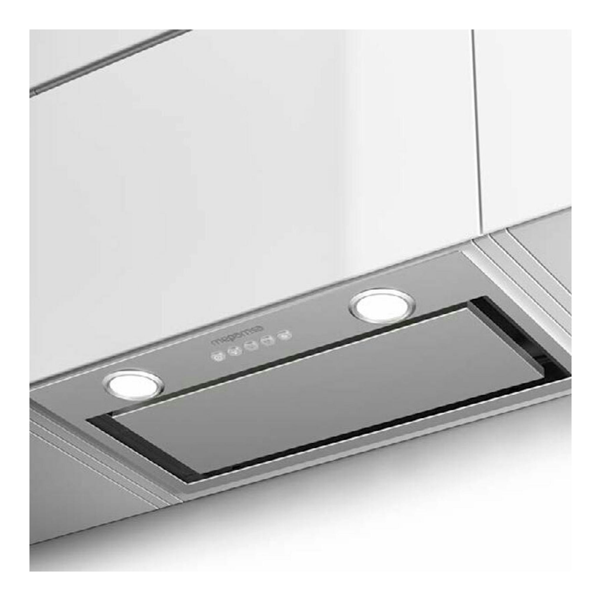 Grupo filtrante Mepamsa Irun 52 Inox, vista inferior en acero inoxidable con dos luces circulares.