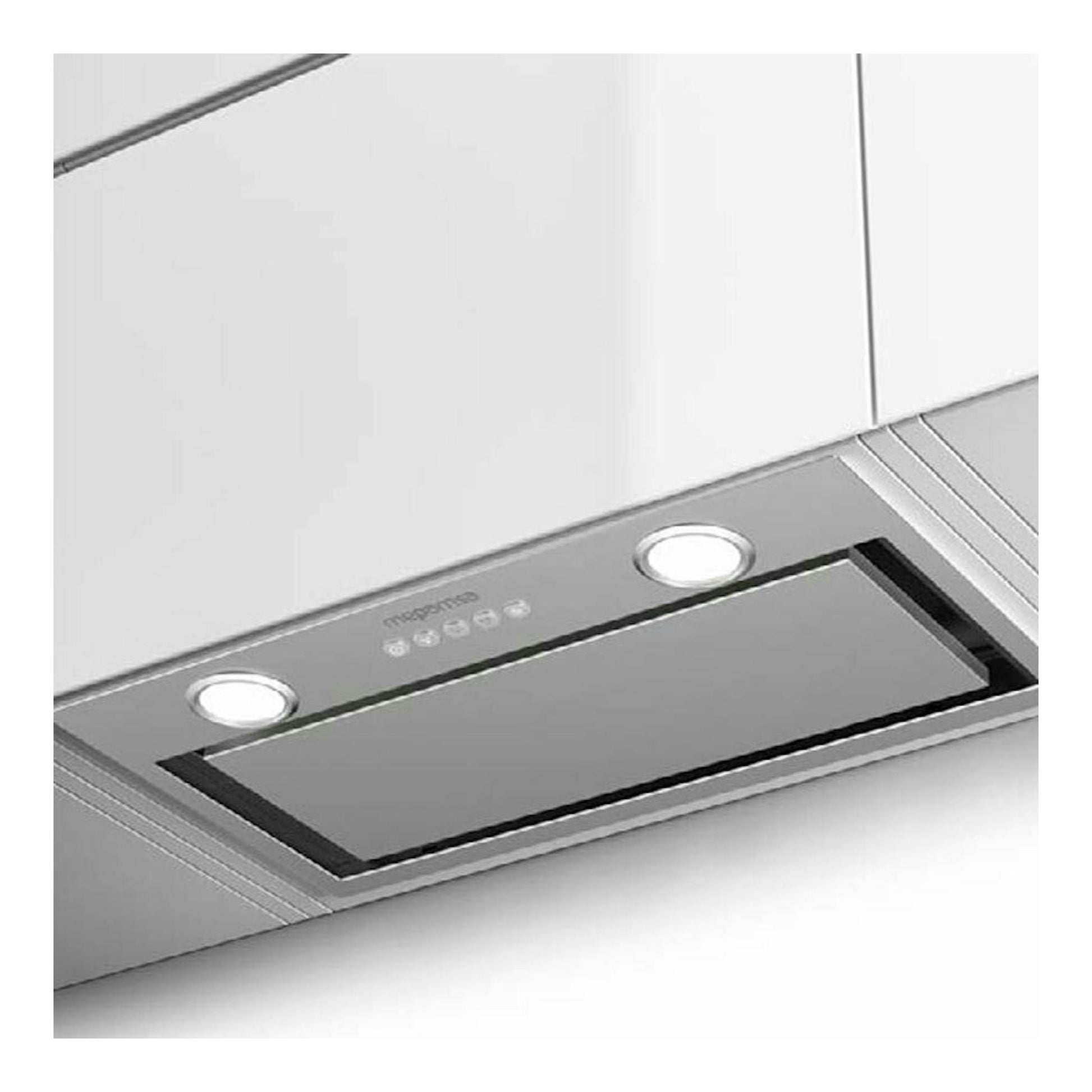 Grupo filtrante Mepamsa Irun 70 inox, vista inferior en acero inoxidable con panel y dos luces.
