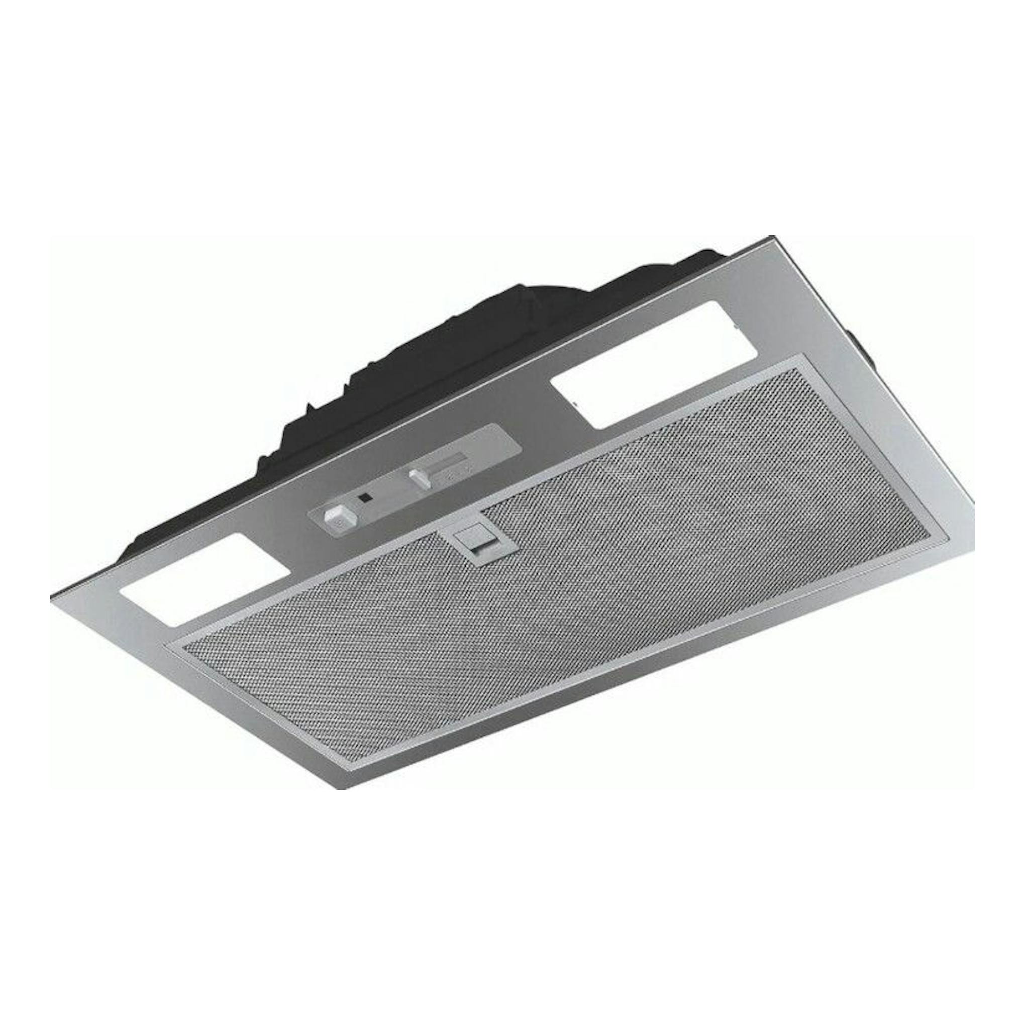 Grupo filtrante Mepamsa Smart 70X inox, vista inferior en ángulo, panel gris con rejilla metálica.