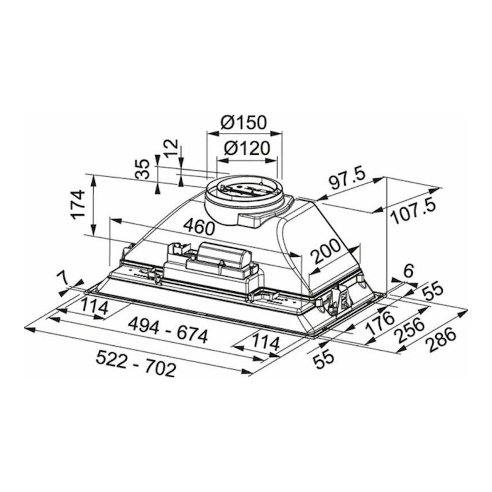 Dibujo técnico isométrico del grupo filtrante Mepamsa Smart 70X Inox, con cotas y medidas.