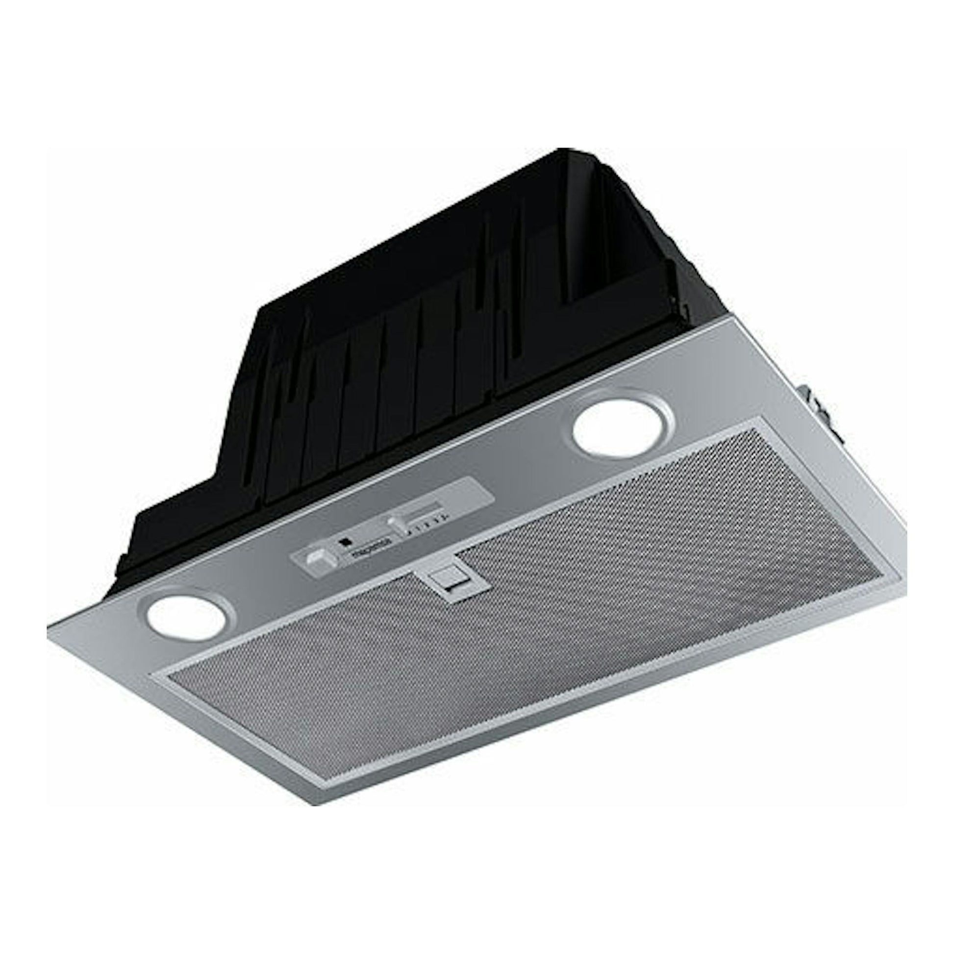 Grupo filtrante Mepamsa Smart Plus Neo 52 X inox, vista inferior en ángulo, con dos luces y panel metálico.