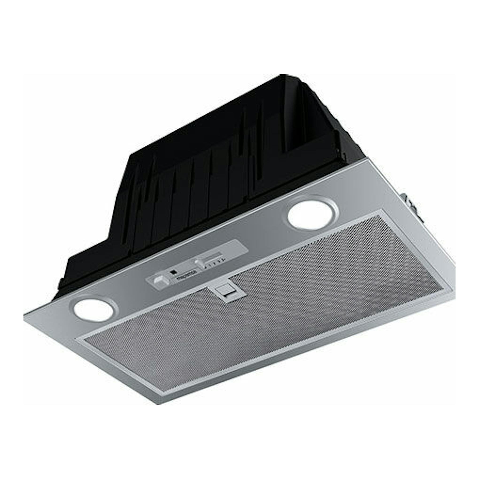Grupo filtrante Mepamsa Smart Plus Neo 52 X inox, vista inferior en ángulo, con dos luces y panel metálico.