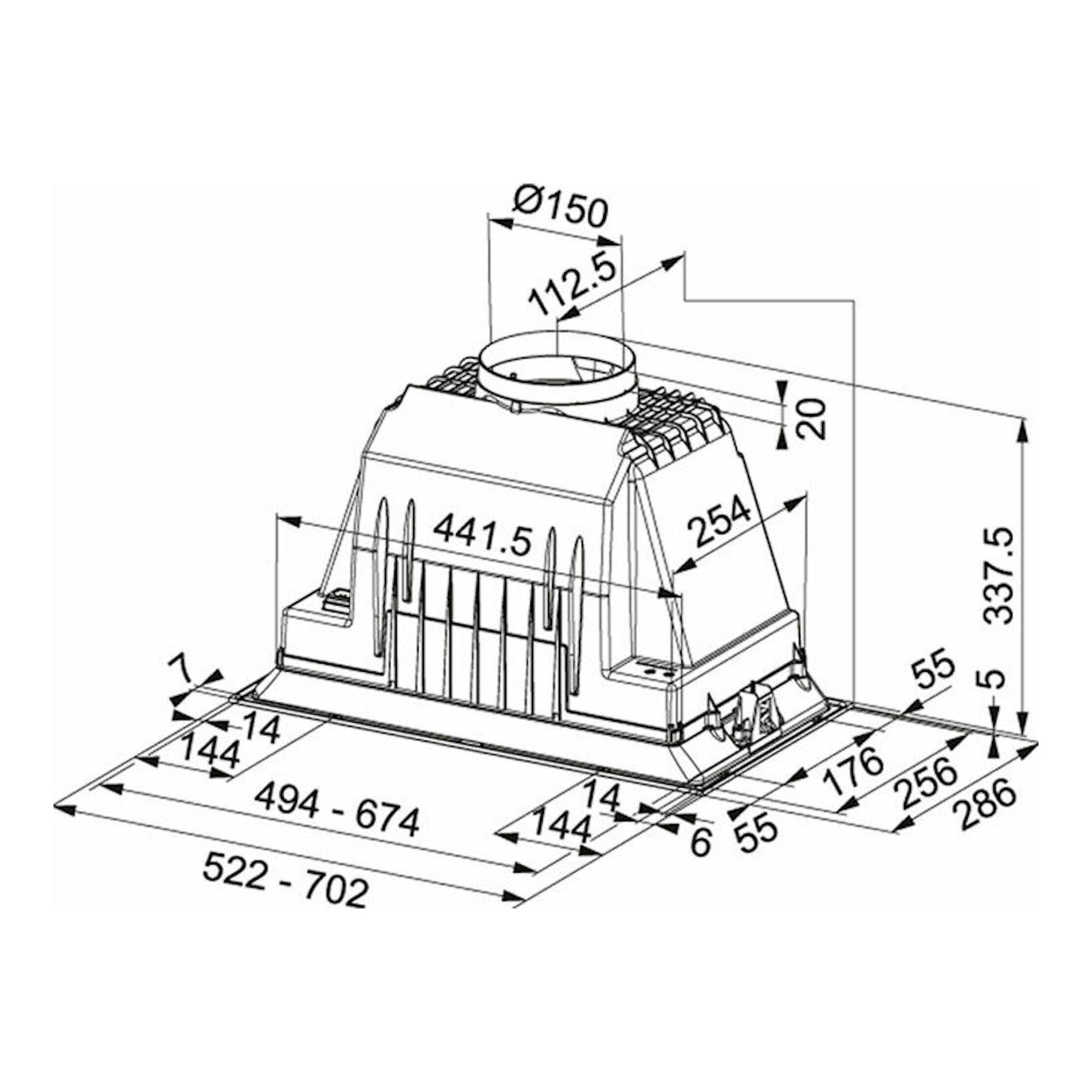 Plano técnico en perspectiva del grupo filtrante Mepansa SMART PLUS NEO 70 X Inox, con medidas y salida superior.