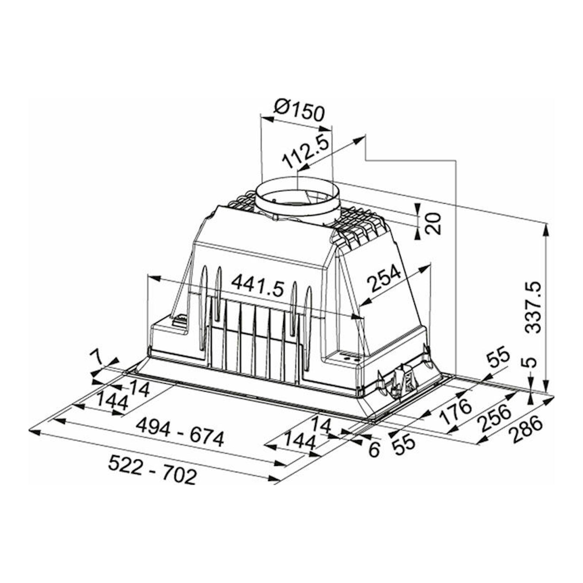 Plano técnico en perspectiva del grupo filtrante Mepansa SMART PLUS NEO 70 X Inox, con medidas y salida superior.