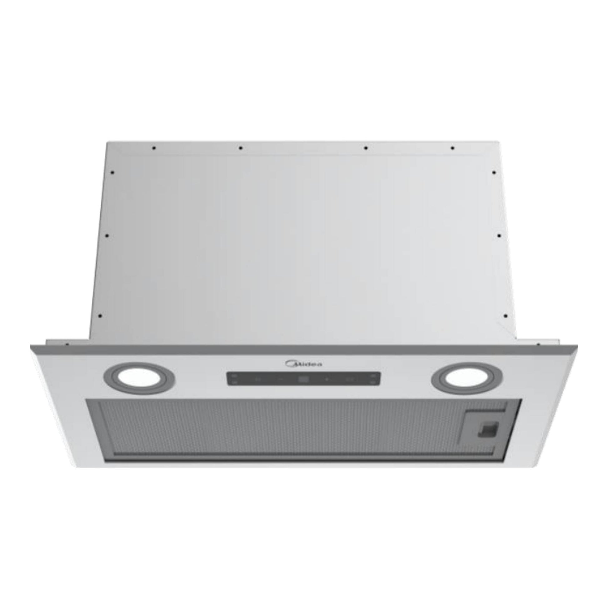 Campana extractora Midea MH52T01ET22SG, vista frontal, acabado inox con dos luces circulares.