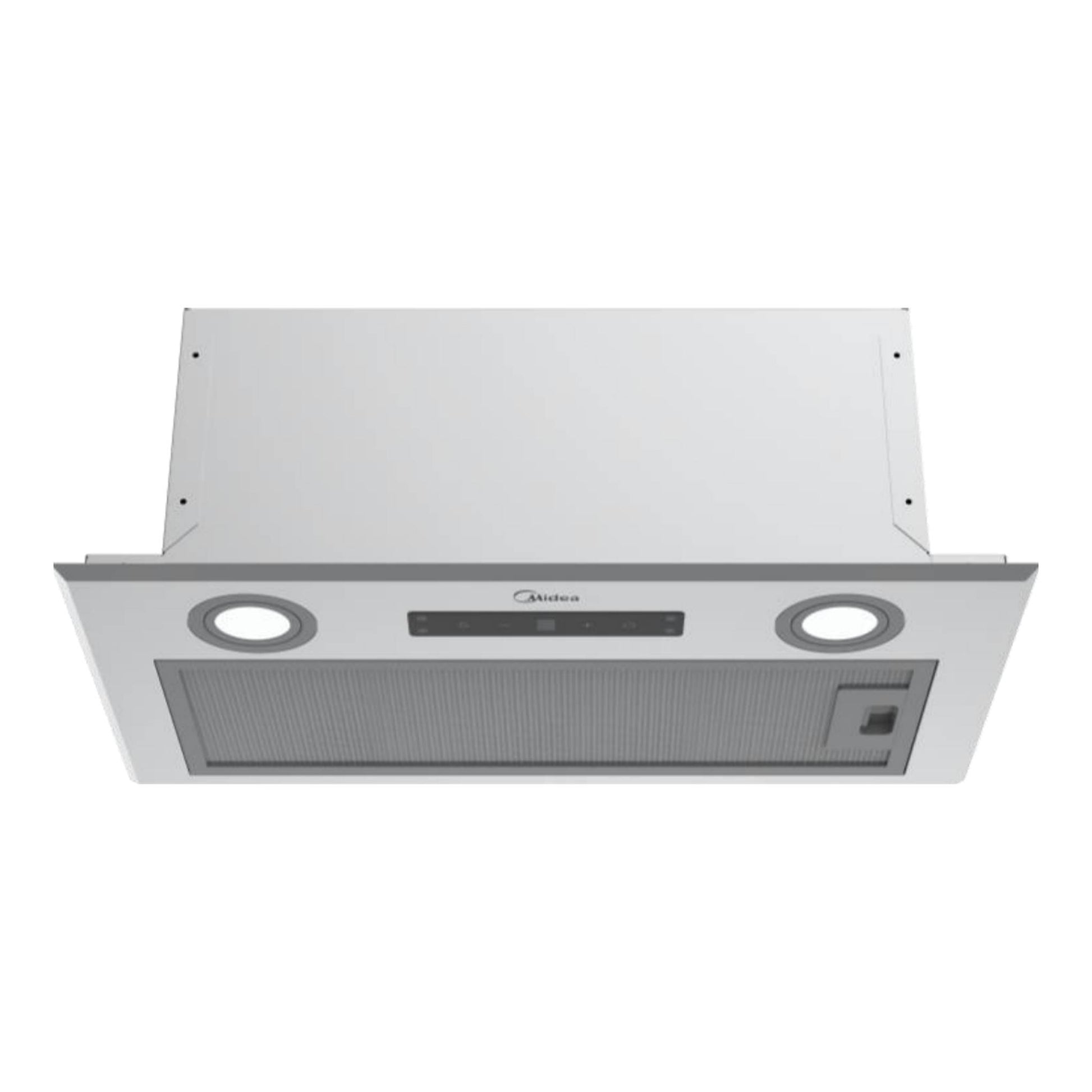 Grupo filtrante Midea MH52T17ET21SG de acero inoxidable, vista inferior, con dos focos circulares.