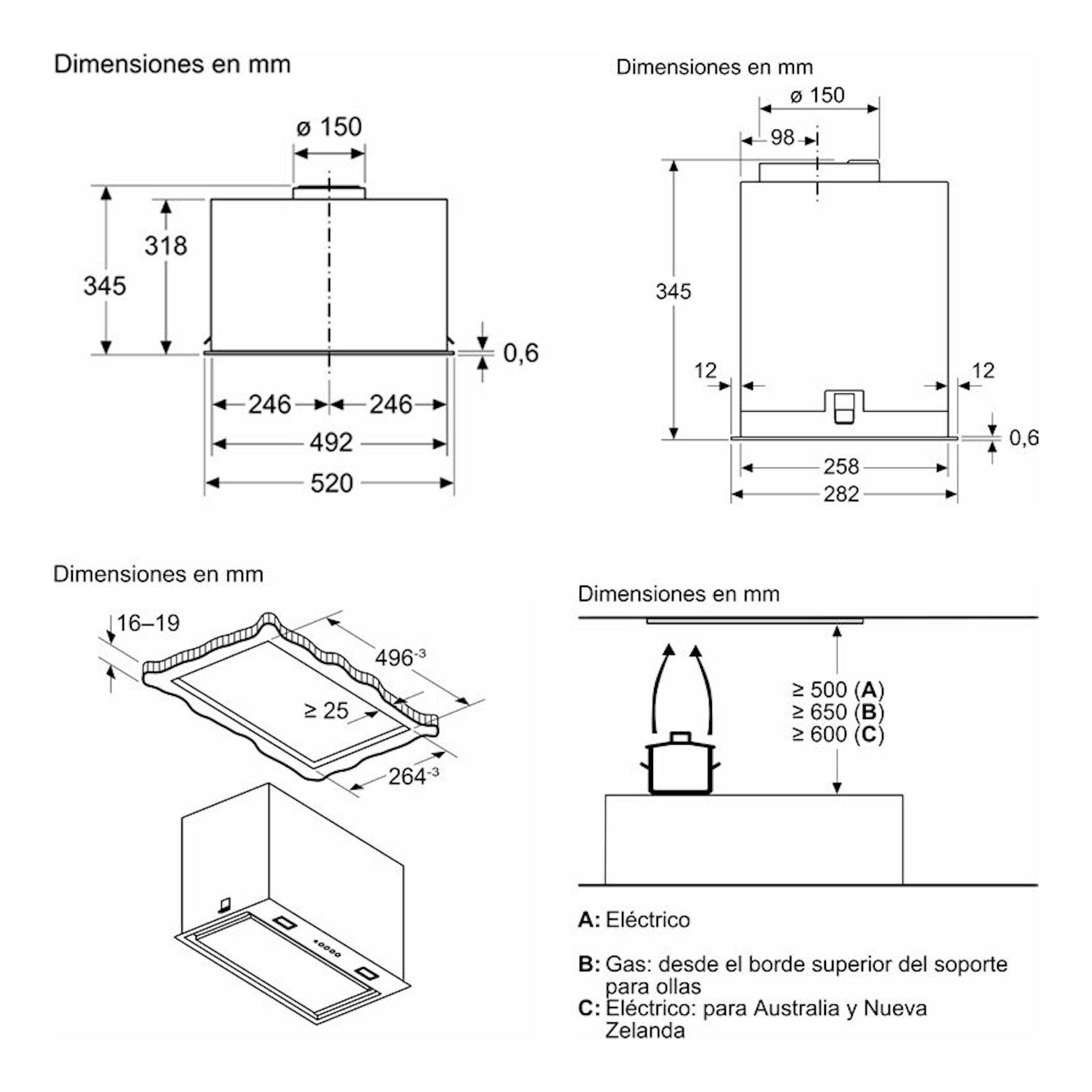 Esquema técnico del grupo filtrante Siemens LB57NPC60 negro de 52 cm, con vistas frontal y lateral y medidas.