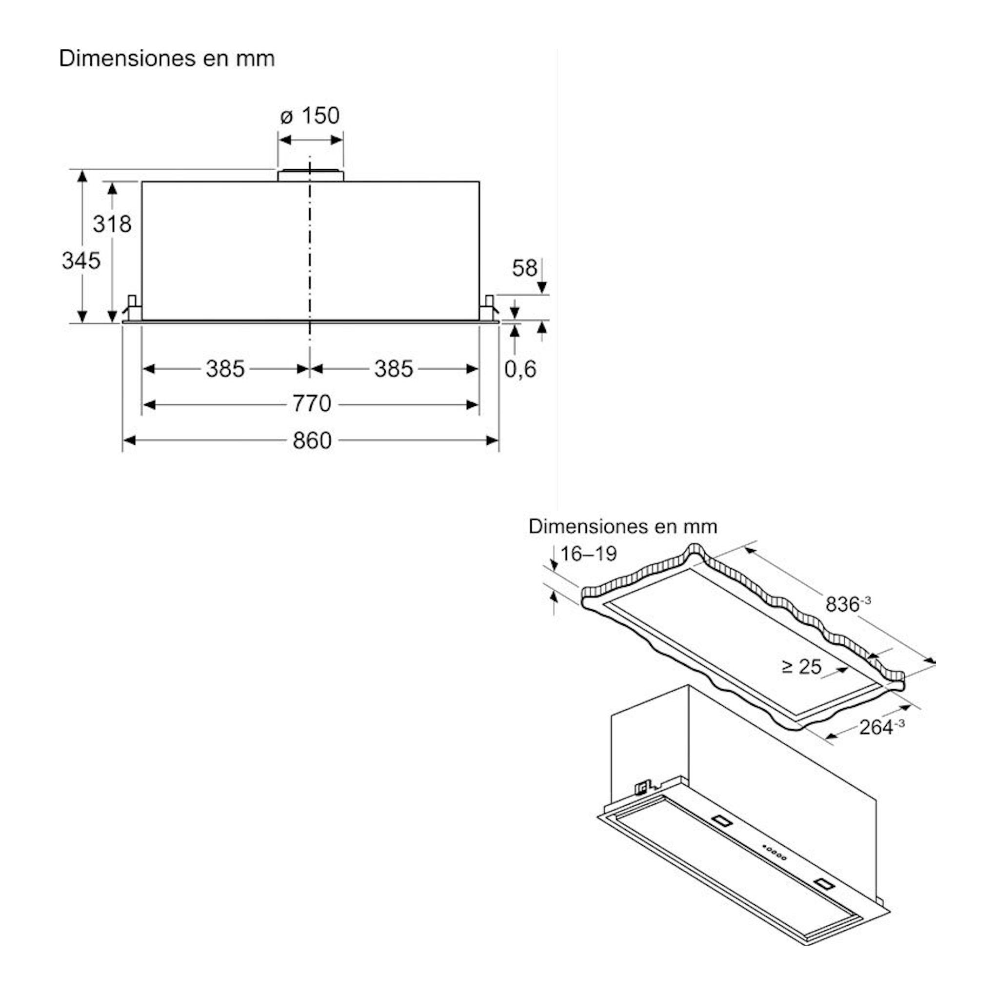 Esquema técnico del grupo filtrante Siemens LB88NPC60 negro, con vistas frontal e instalación y medidas en mm.