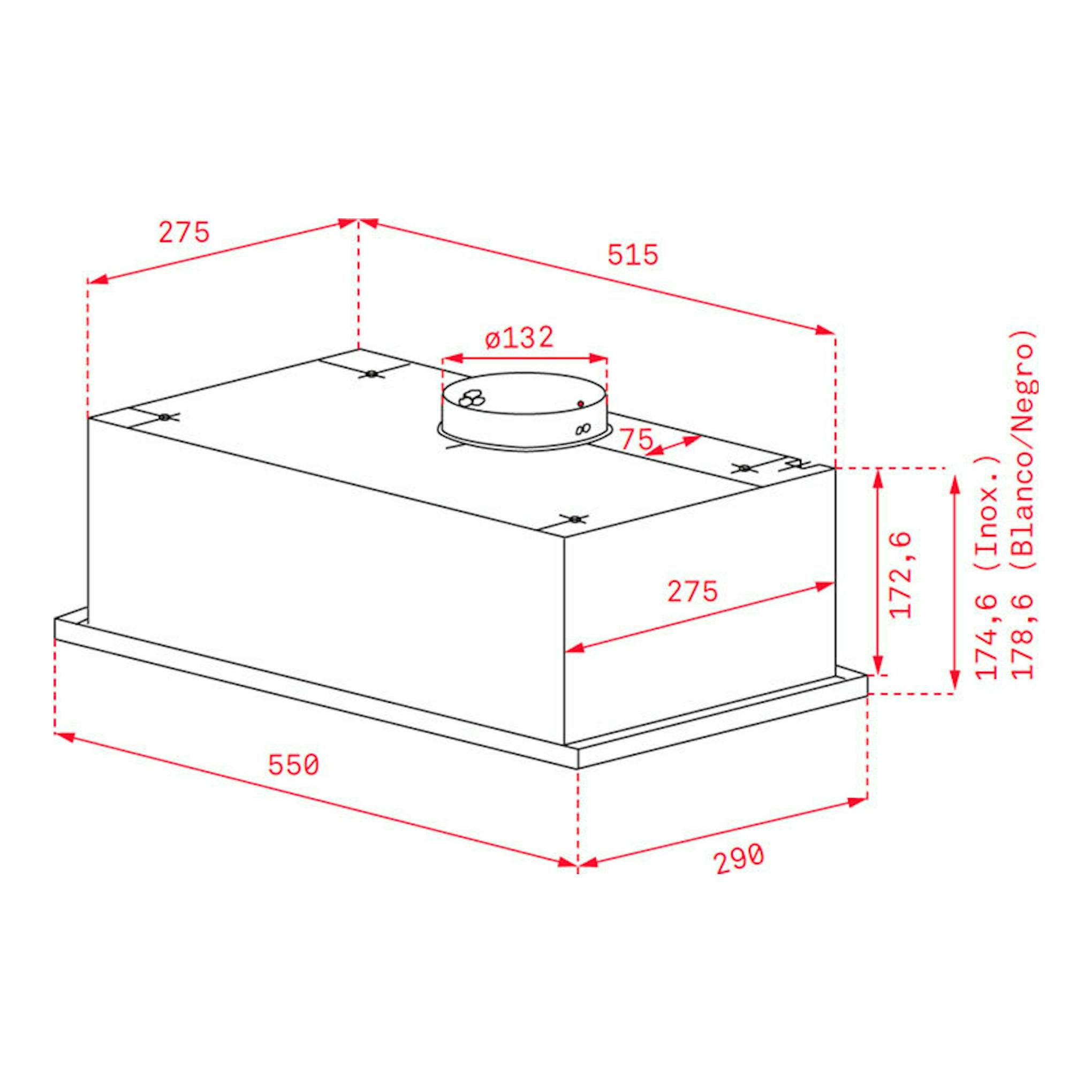 Dibujo técnico en perspectiva del grupo filtrante Teka GFG 2 Inox, con medidas y salida superior.