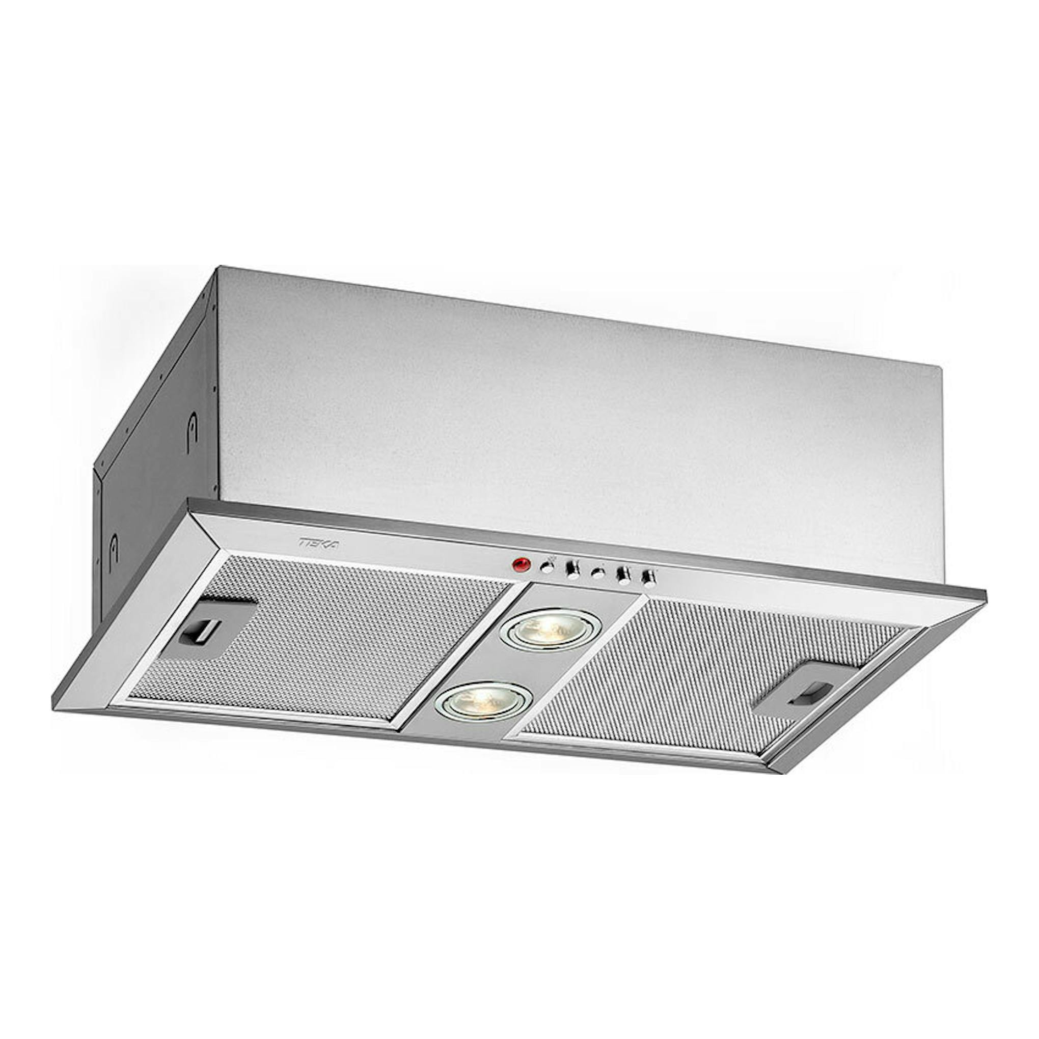 Grupo filtrante Teka GFH 55 inox, vista inferior en ángulo, acabado metálico plateado con dos filtros y dos luces.