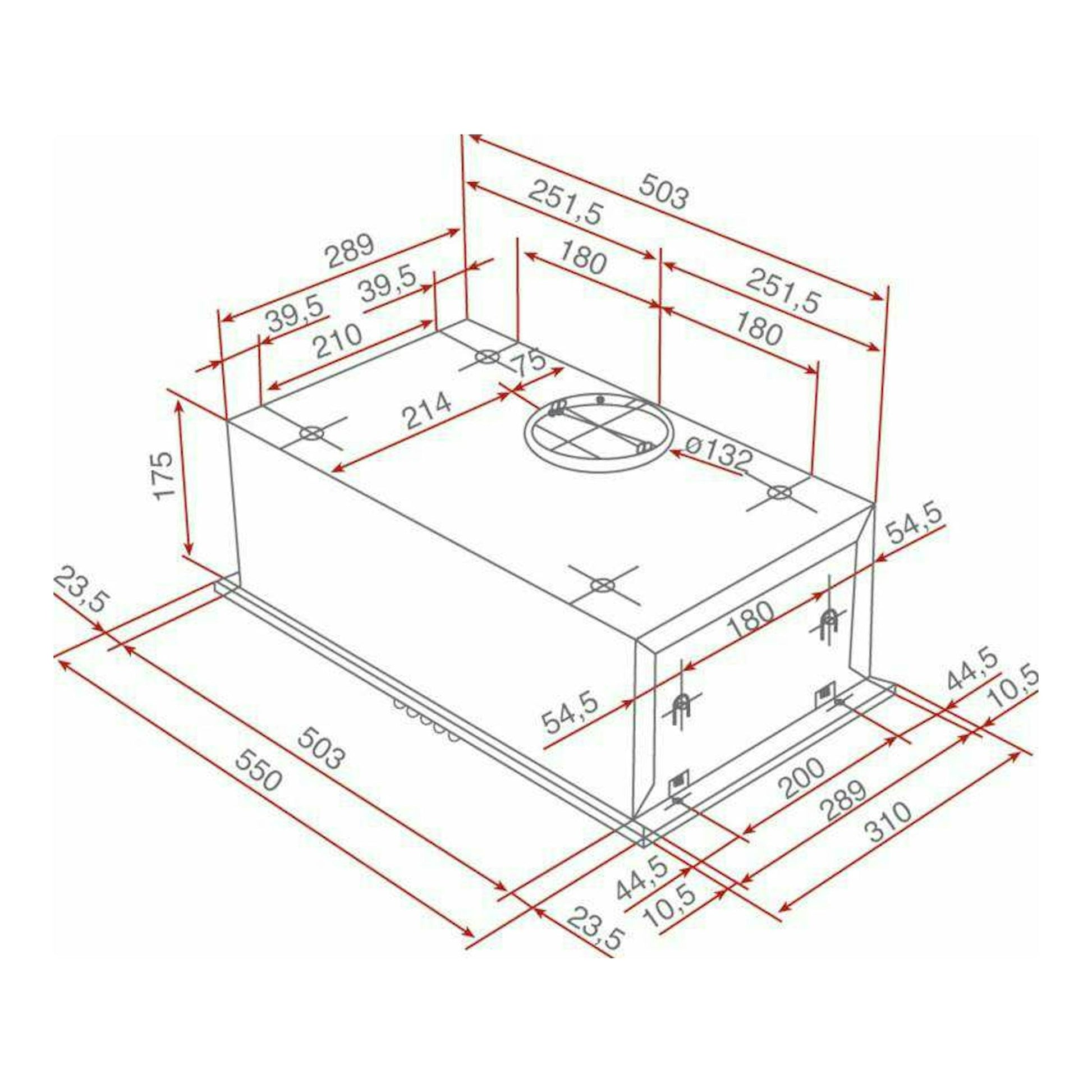 Teka GFH 55 Inox: plano técnico isométrico de un grupo filtrante de acero inoxidable con medidas.