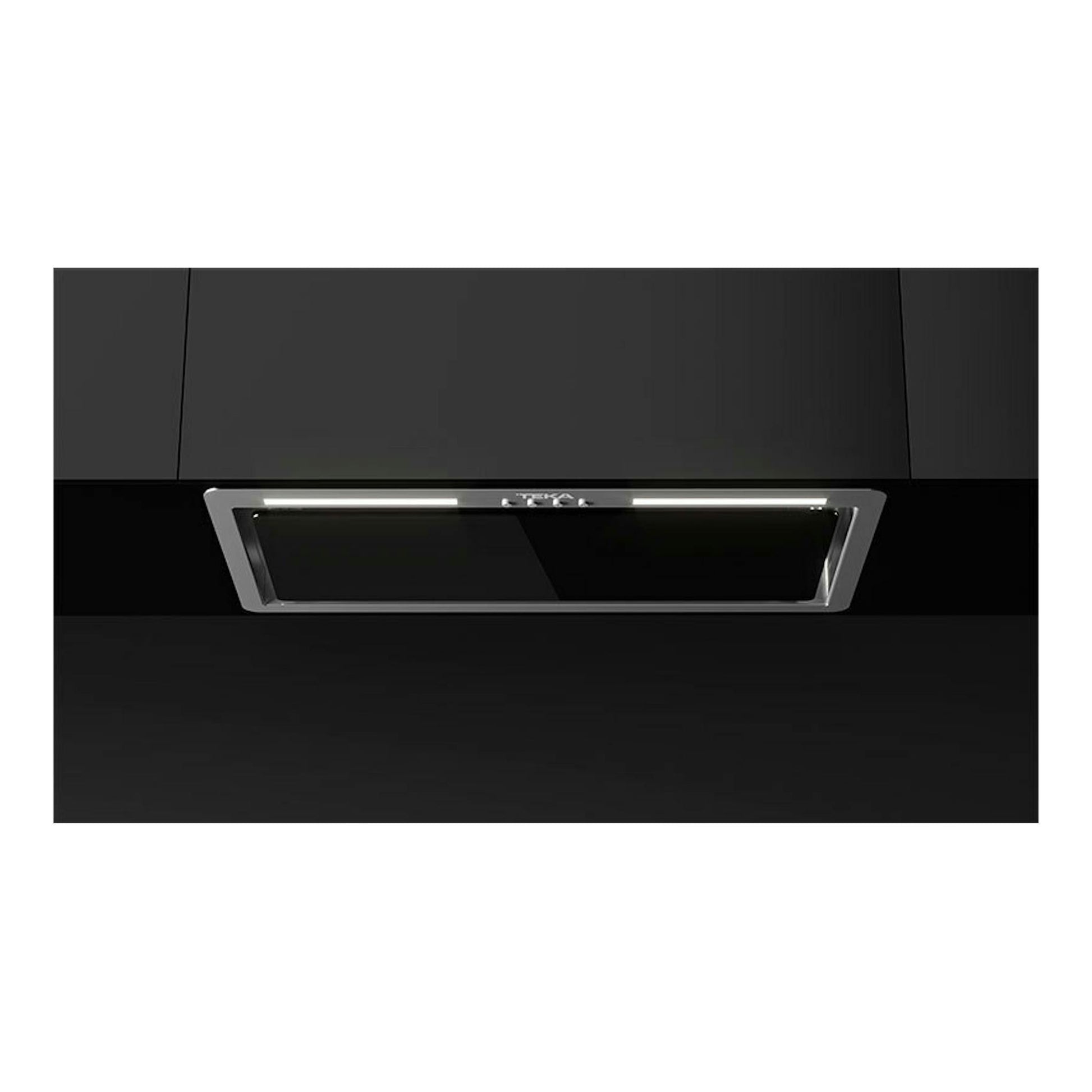 Grupo filtrante Teka GFL57651 de cristal negro, vista frontal, integrado en mueble oscuro.