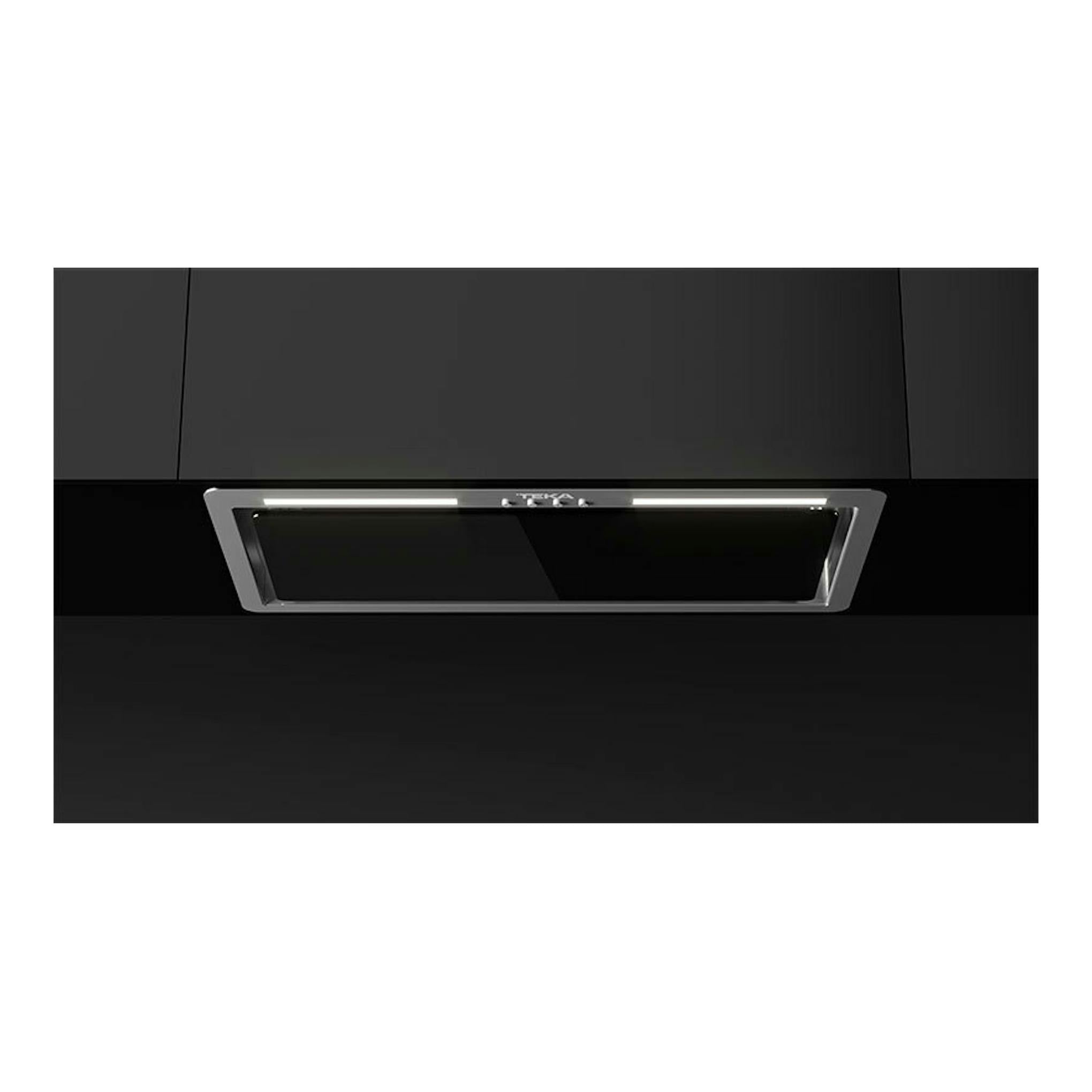Grupo filtrante Teka GFL57651 de cristal negro, vista frontal, integrado en mueble oscuro.