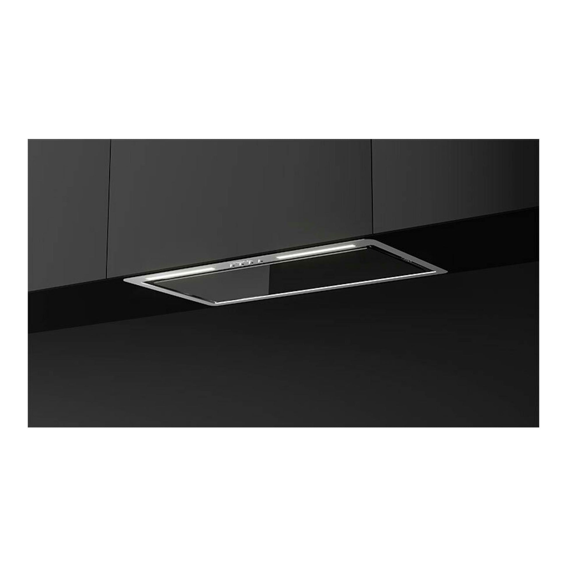 Grupo filtrante Teka GFL57651 de cristal negro, vista frontal inclinada, integrado en mueble oscuro.