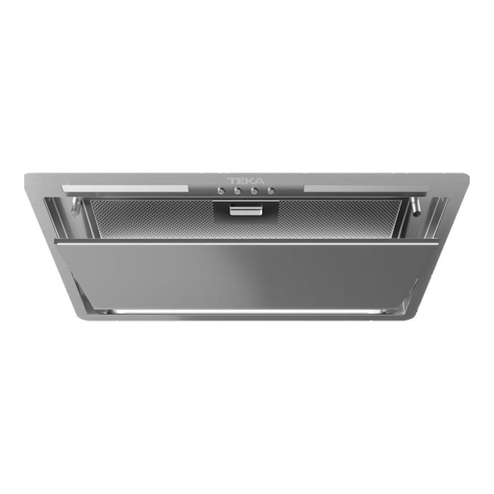 Grupo filtrante Teka GFL57760EOS IX en inox, vista frontal inferior con panel abatible abierto.