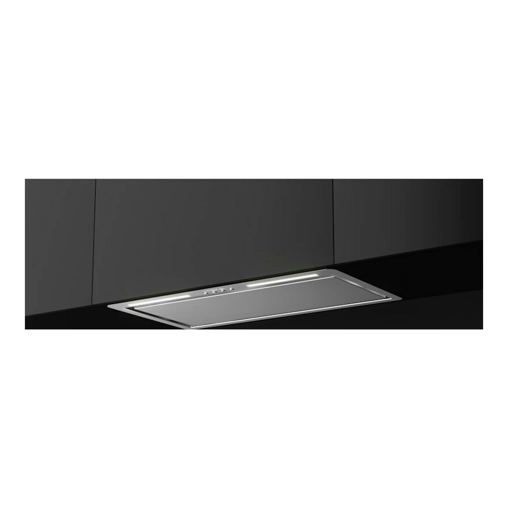 Grupo filtrante Teka GFL57760EOS IX en acero inoxidable, vista inferior, empotrado en mueble negro.