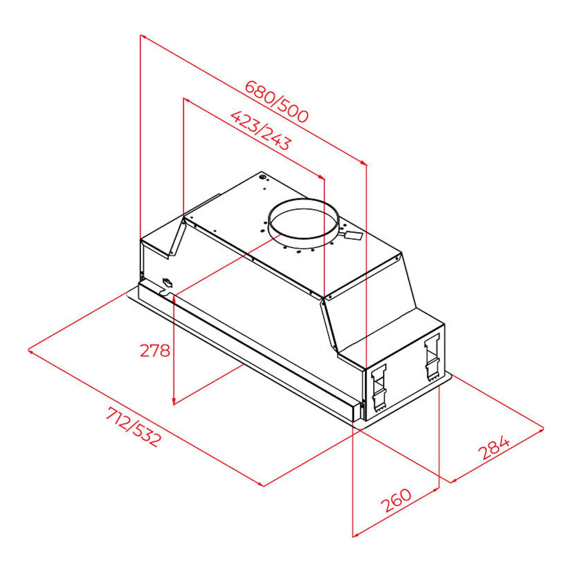 Teka GFL77651, dibujo técnico de grupo filtrante de cocina en cristal negro con medidas y vista isométrica.