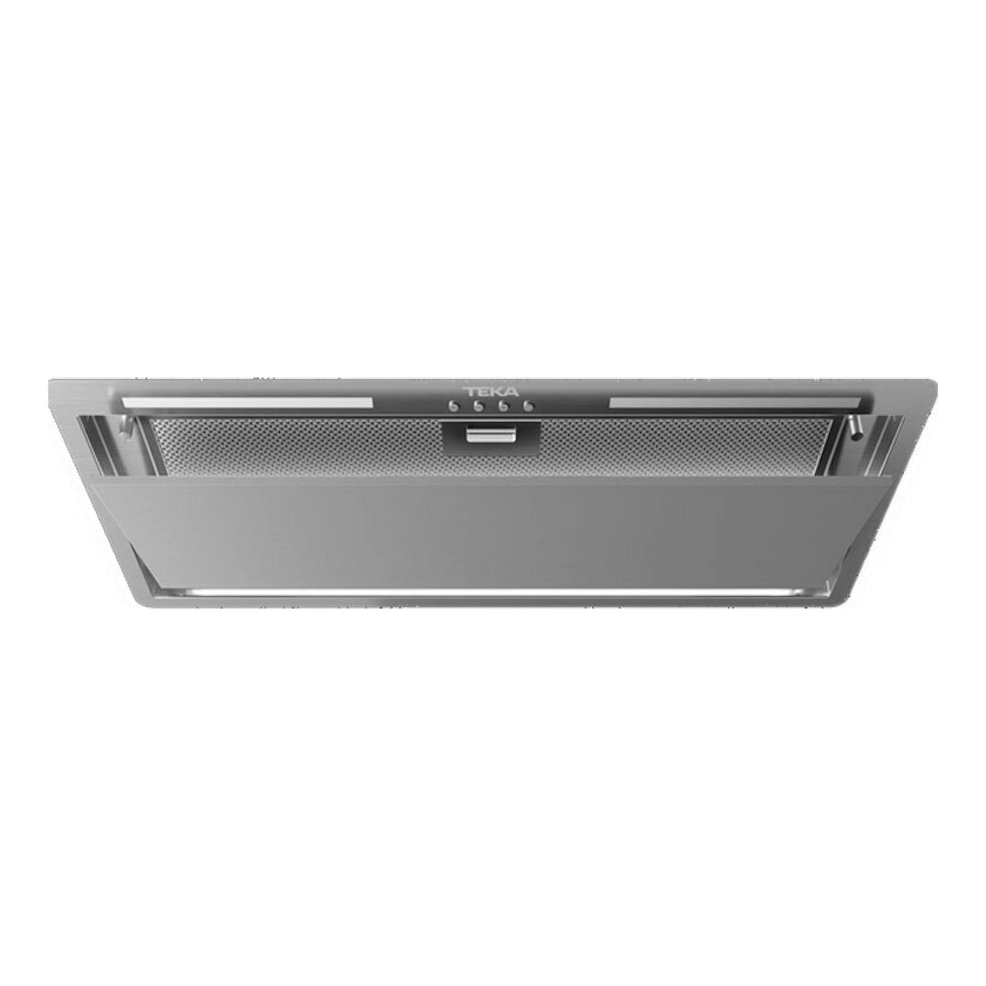 Grupo filtrante Teka GFL77760EOS IX en inox, vista inferior frontal, con panel y filtros metálicos.