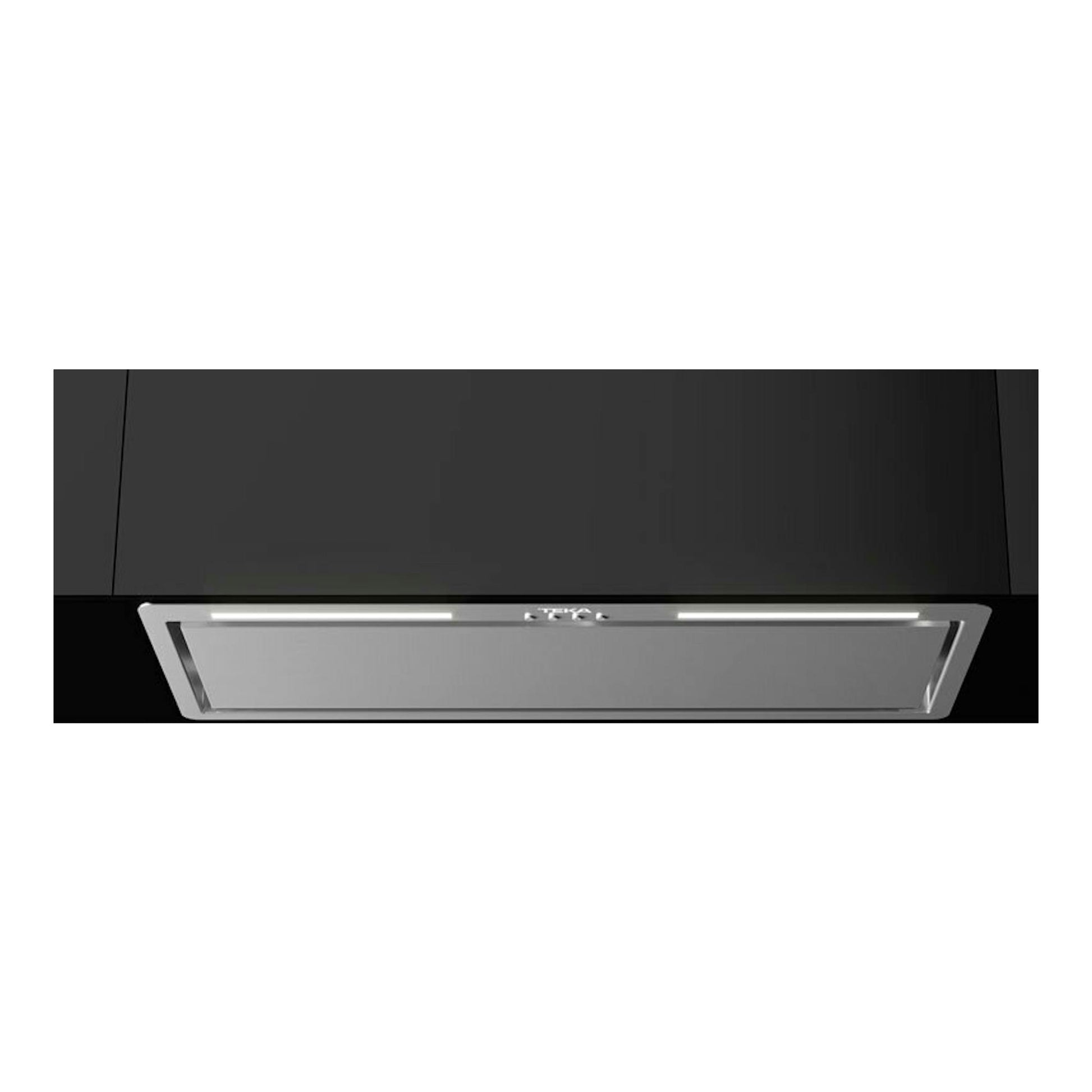 Grupo filtrante Teka GFL77760EOS IX en inox, vista frontal inferior, integrado en mueble negro.
