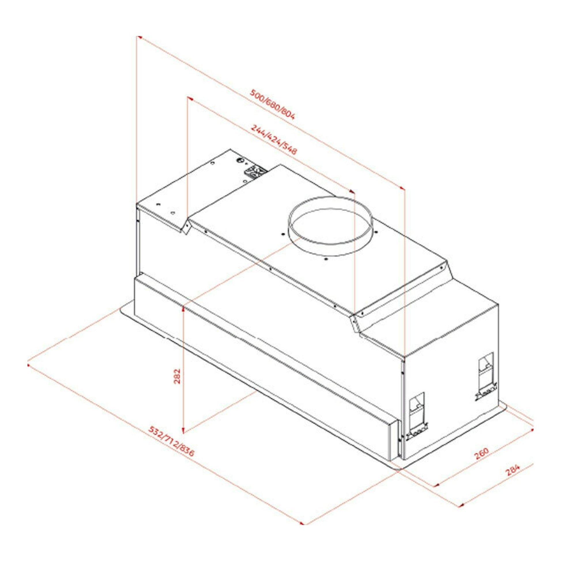 Dibujo técnico isométrico del grupo filtrante Teka GFL87760EOS IX en inox, con medidas.
