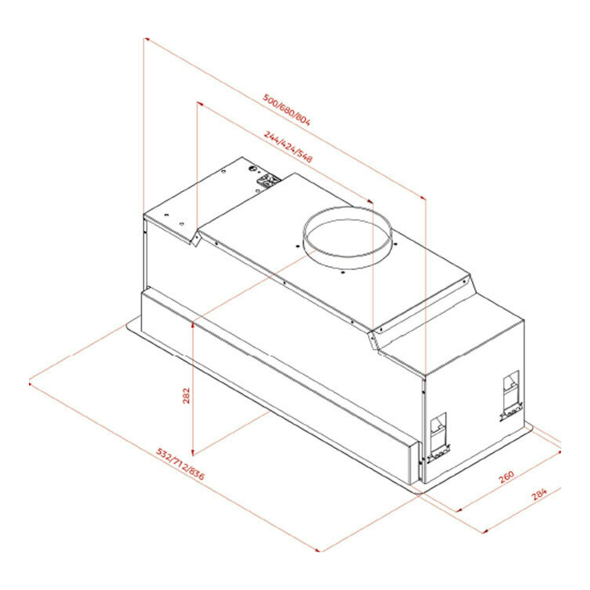 Dibujo técnico isométrico del grupo filtrante Teka GFL87760EOS IX en inox, con medidas.