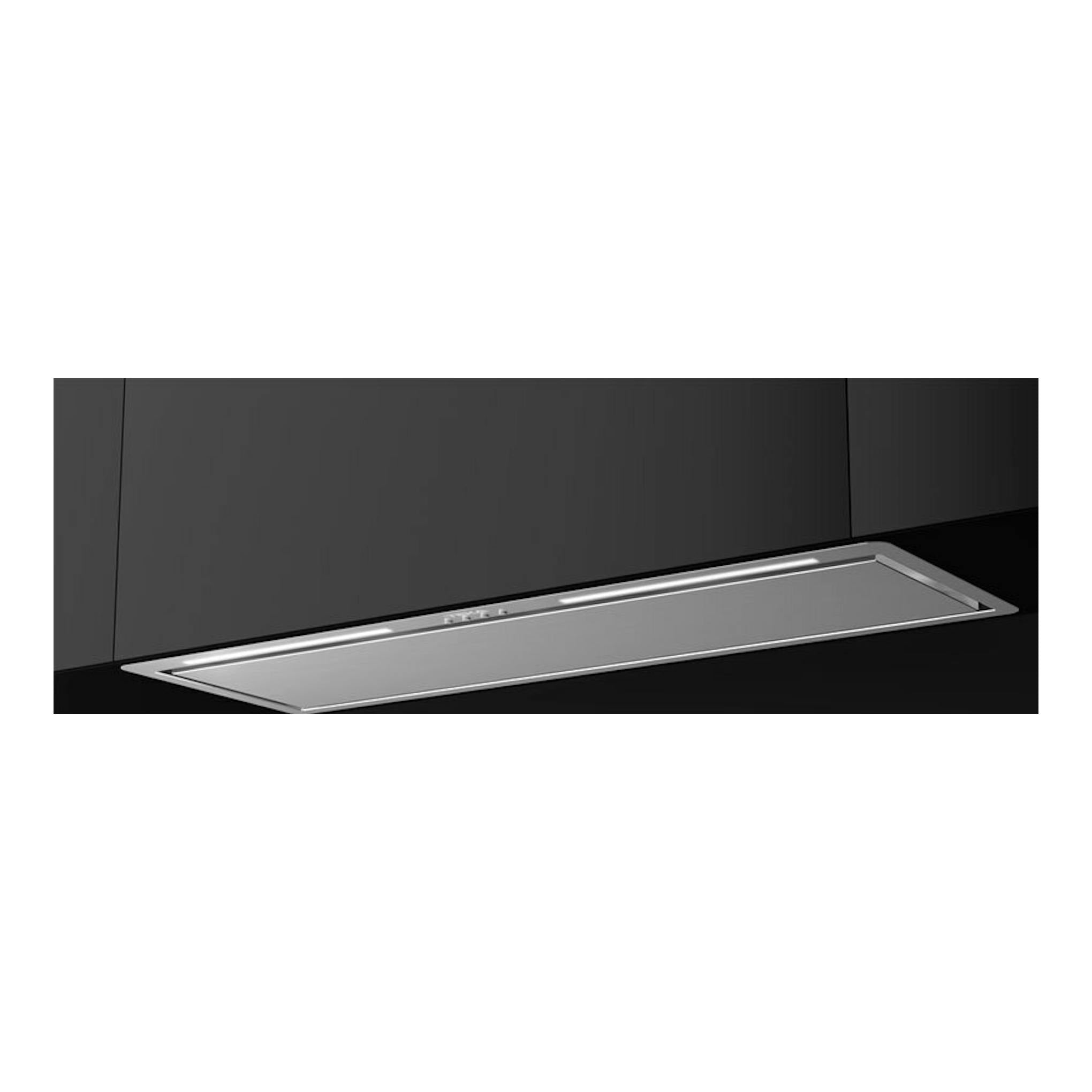 Grupo filtrante Teka GFL87760EOS IX en acero inoxidable, vista inferior inclinada, integrado en mueble negro.