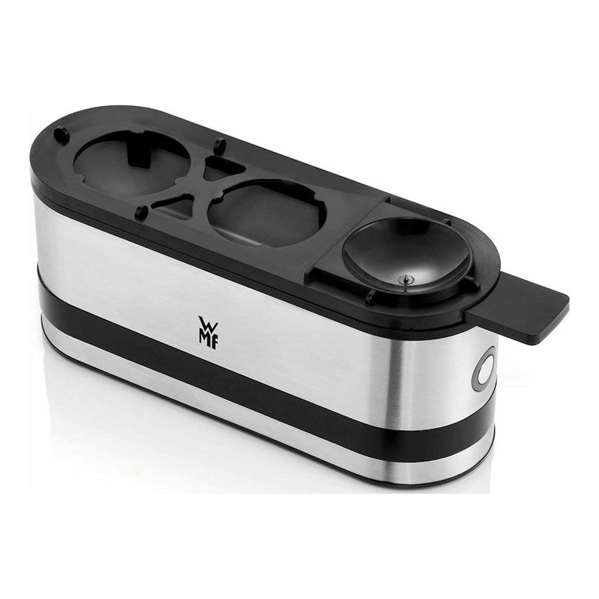 Cocedor de huevos WMF de acero inoxidable y negro, vista en 3/4, para 2 huevos.