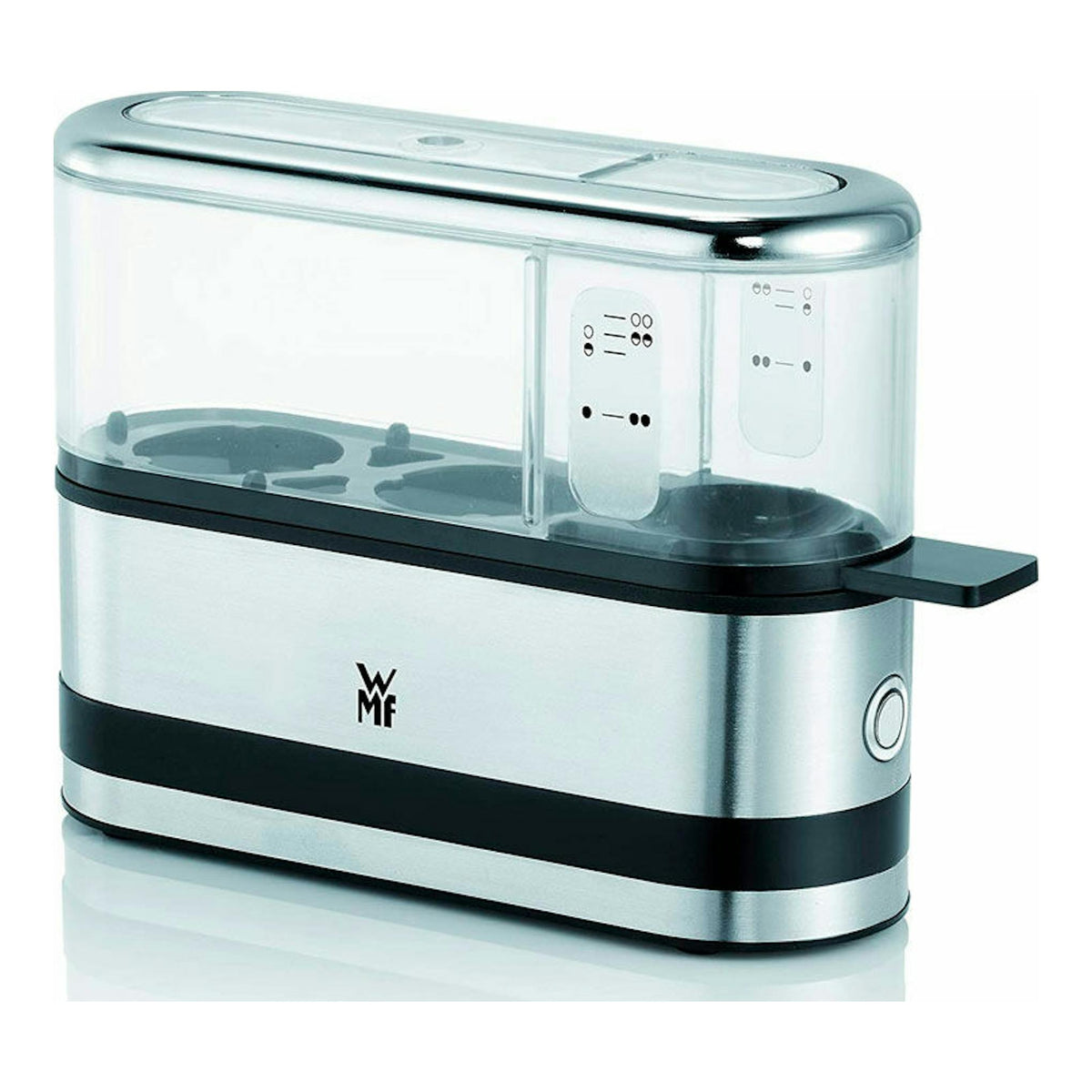 Cocedor de huevos WMF para 2 huevos, de acero inoxidable y tapa transparente, vista frontal en ángulo.