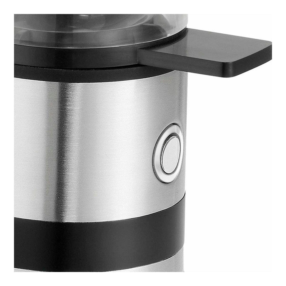 Cocedor de 2 huevos WMF, vista lateral en acero inoxidable y negro, con botón circular.