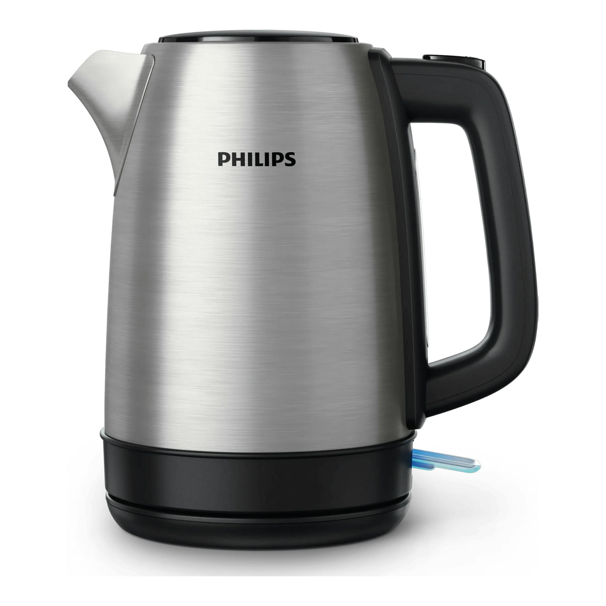 Hervidor Philips HD9350/90 de acero inoxidable y negro, vista lateral sobre fondo blanco.