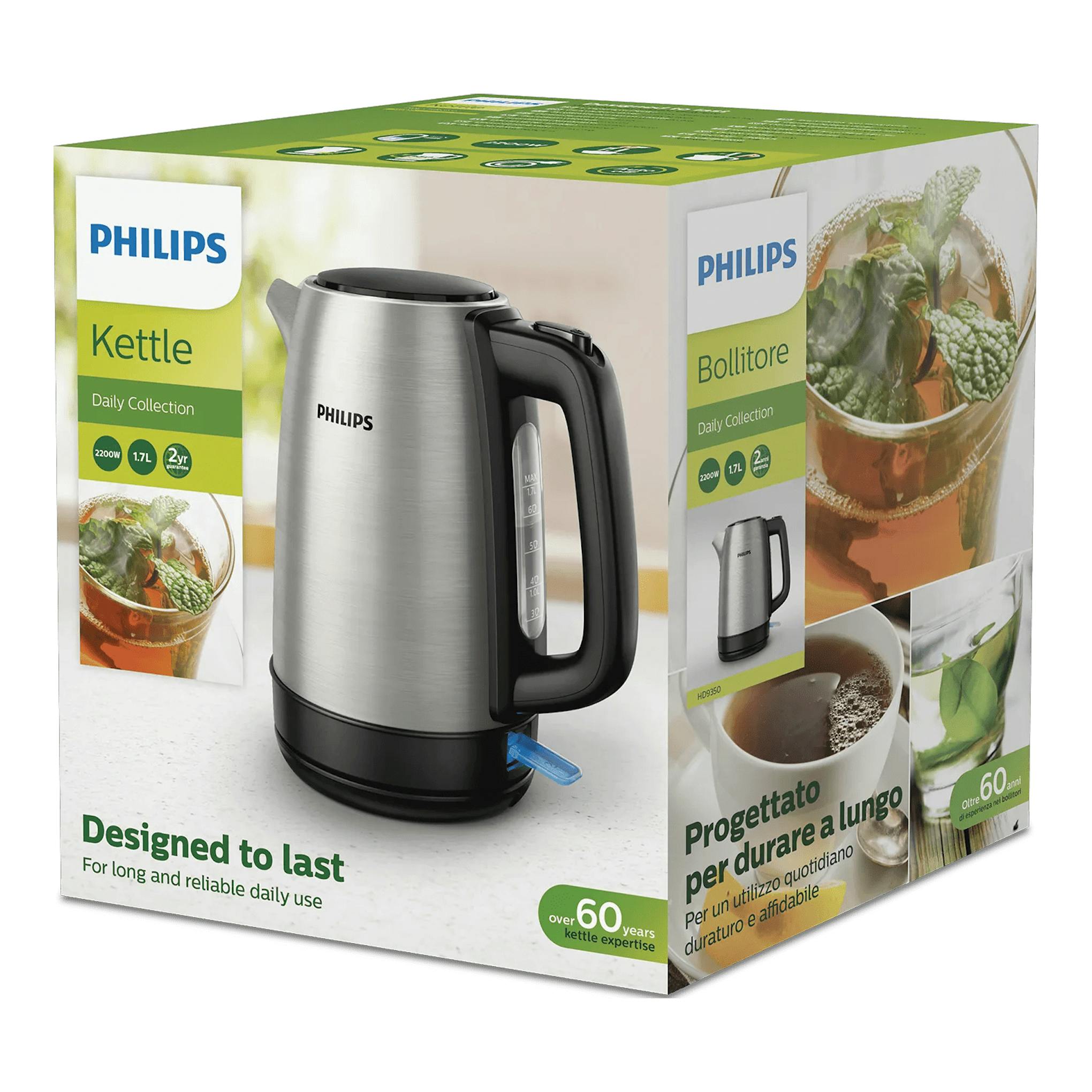 Caja de hervidor Philips HD9350/90 de acero inoxidable, vista en perspectiva, con jarra metálica negra.